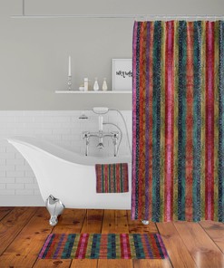 Boho Chic Shower Curtain with Batik Stripes and Optional Bath Mat and Towels