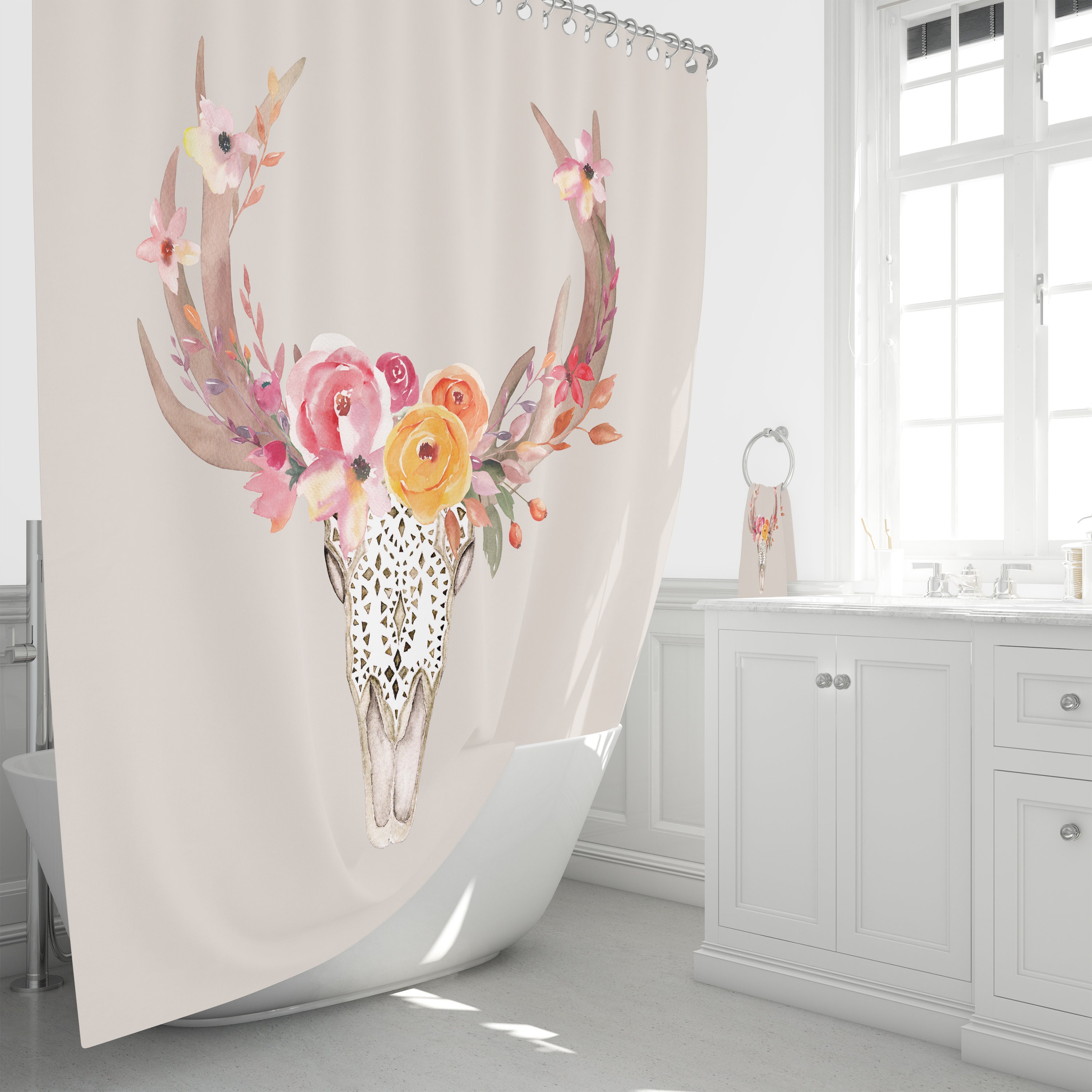 Boho Chic Southwest Skull Shower Curtain Optional Bath Mat Bathroom Set Beige Floral Shower Curtains Print
