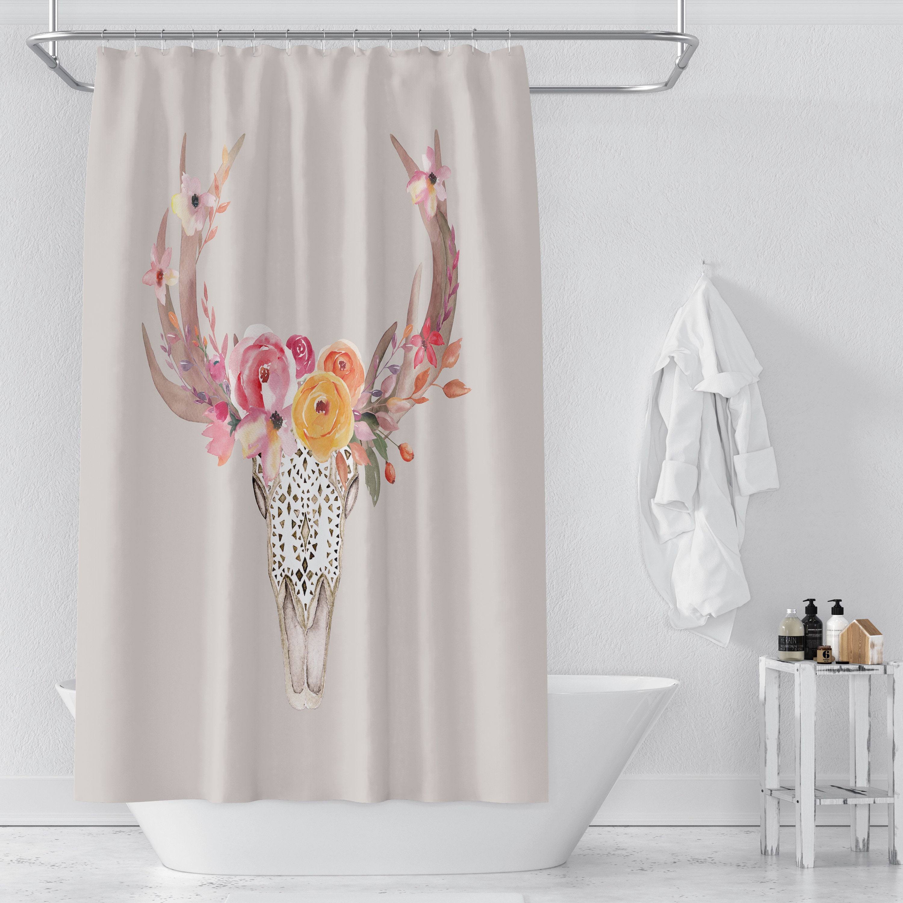 Boho Chic Southwest Skull Shower Curtain Optional Bath Mat Bathroom Set Beige Floral Shower Curtains Print - Image 2