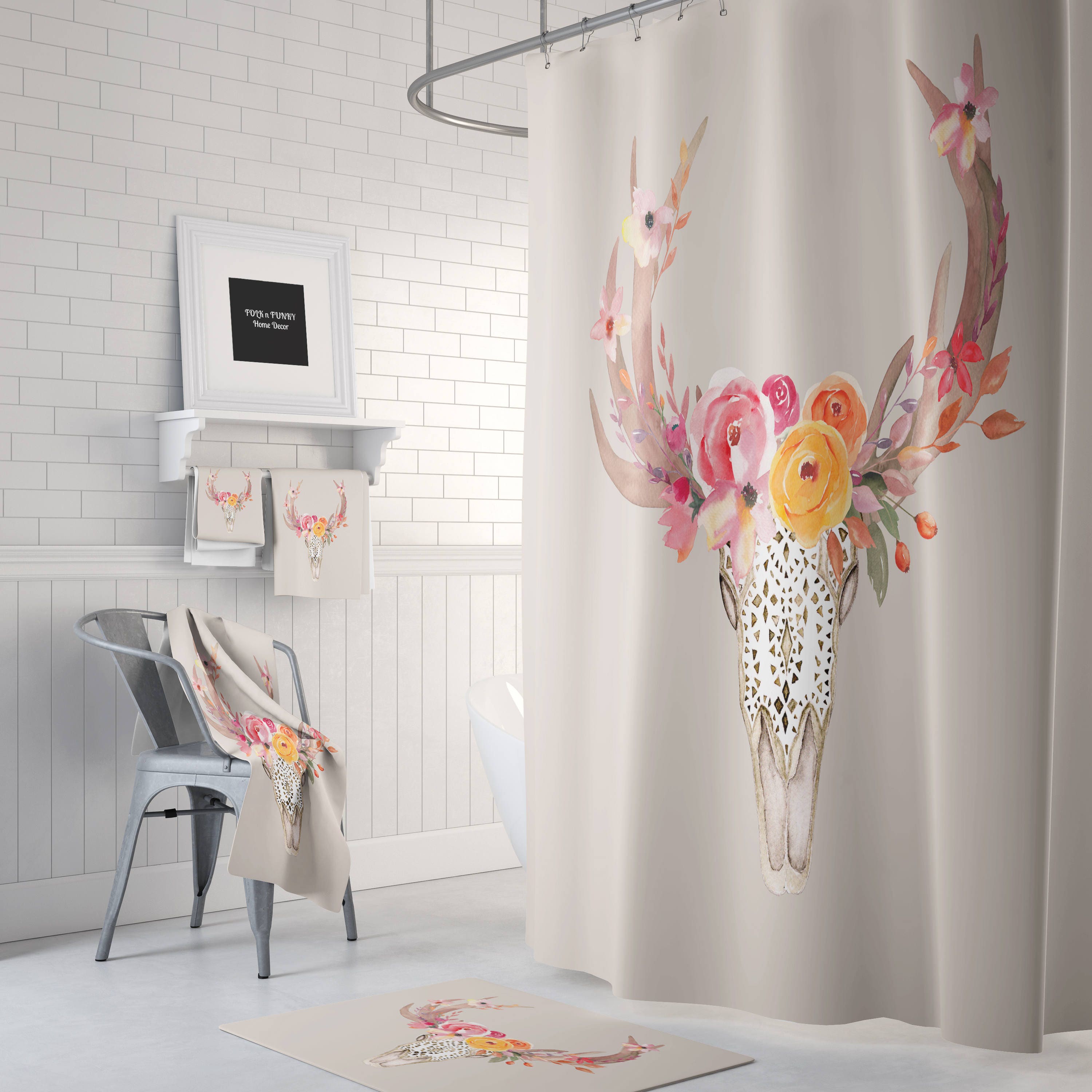 Boho Chic Southwest Skull Shower Curtain Optional Bath Mat Bathroom Set Beige Floral Shower Curtains Print - Image 3