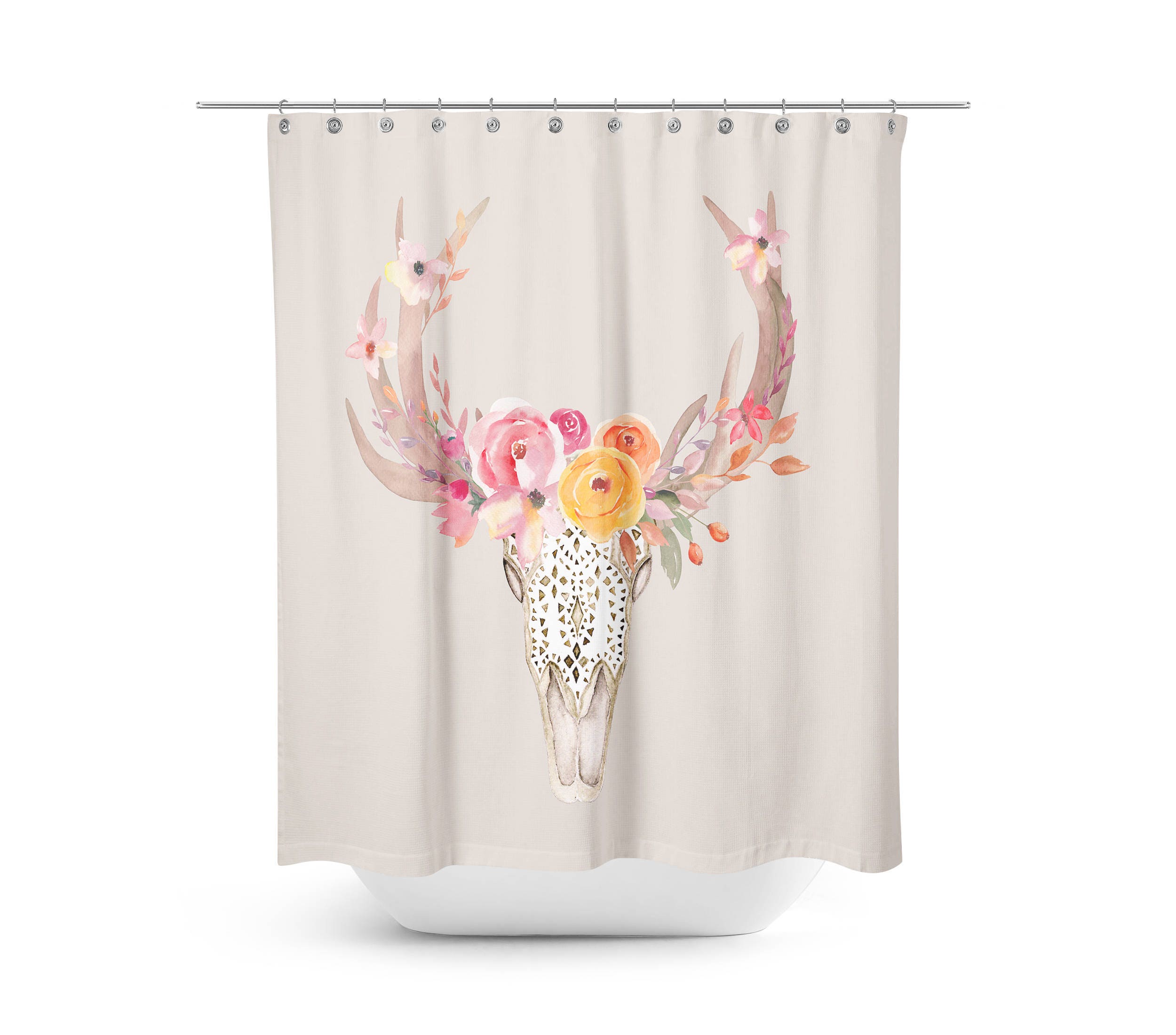 Boho Chic Southwest Skull Shower Curtain Optional Bath Mat Bathroom Set Beige Floral Shower Curtains Print - Image 4
