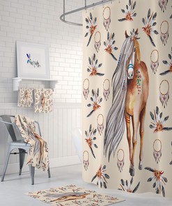 Boho Dreamcatcher Horse Shower Curtain with Travel Shower Curtain Print