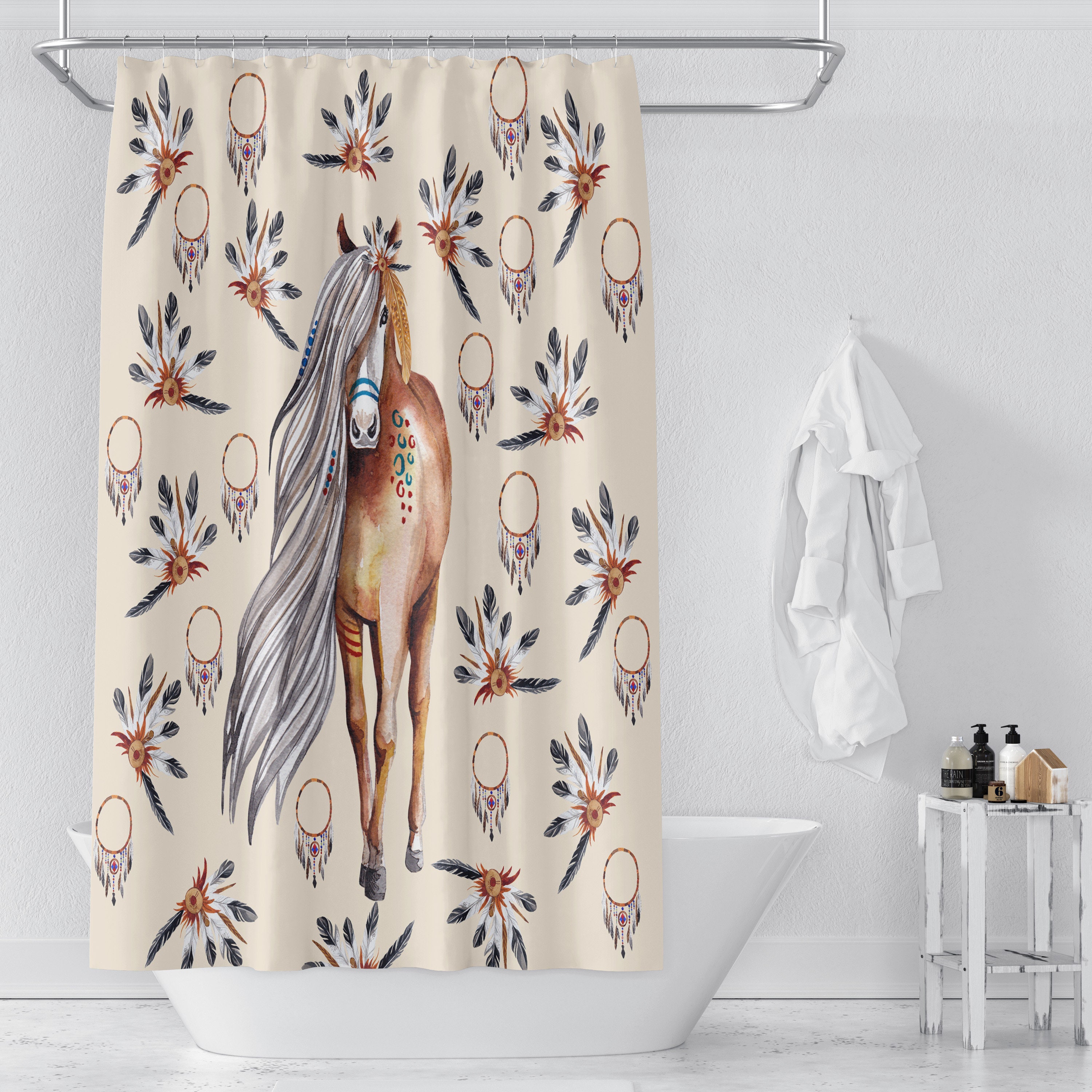 Boho Dreamcatcher Horse Shower Curtain with Travel Shower Curtain Print - Image 2