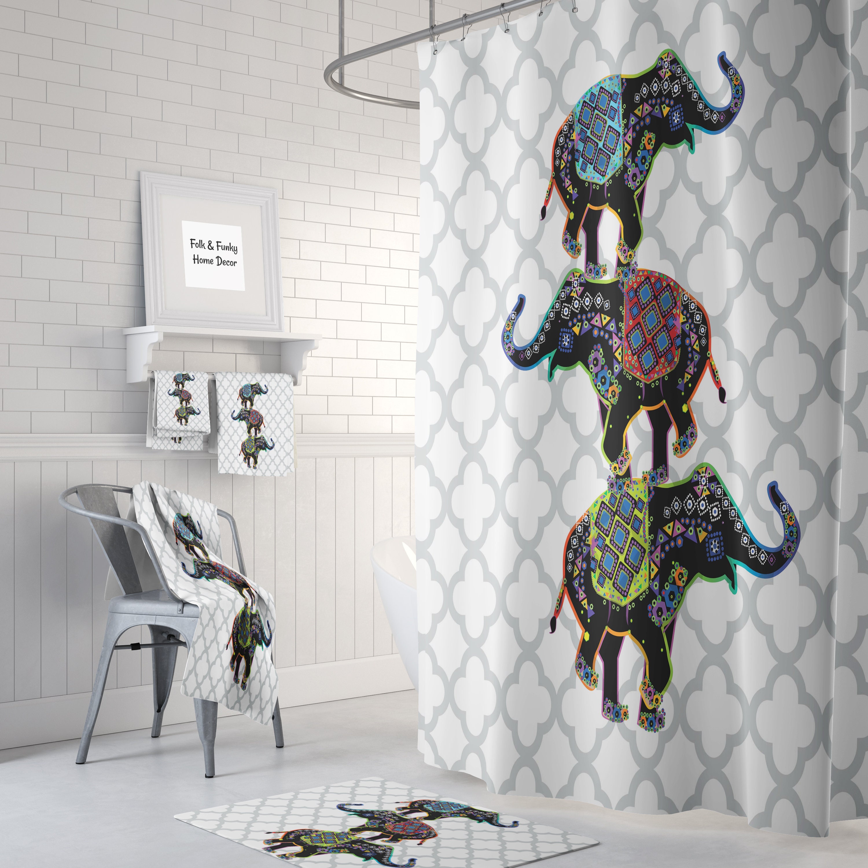 Boho Elephant Shower Curtain with Customizable Options for Kids Bathroom