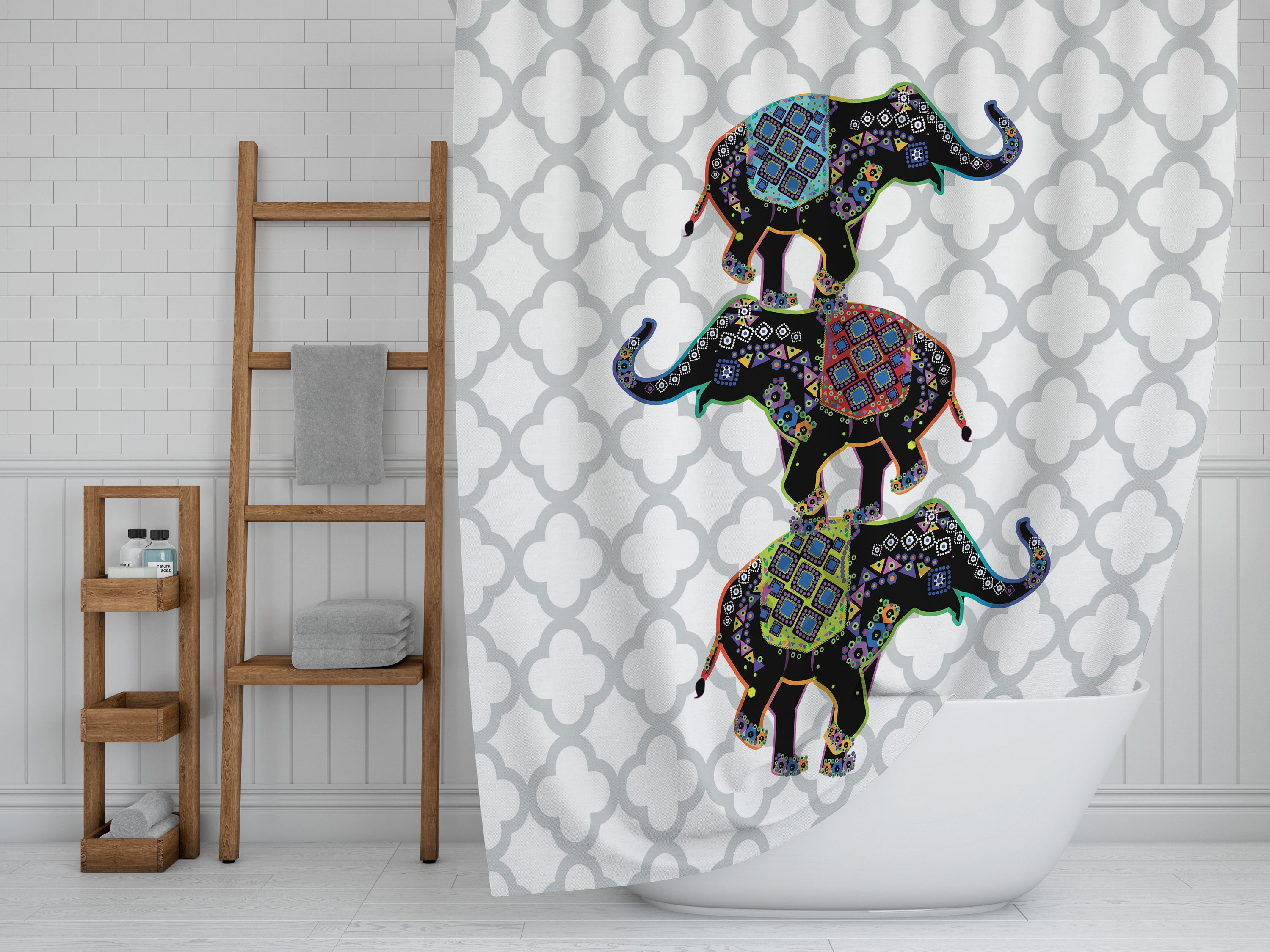Boho Elephant Shower Curtain with Customizable Options for Kids Bathroom - Image 2