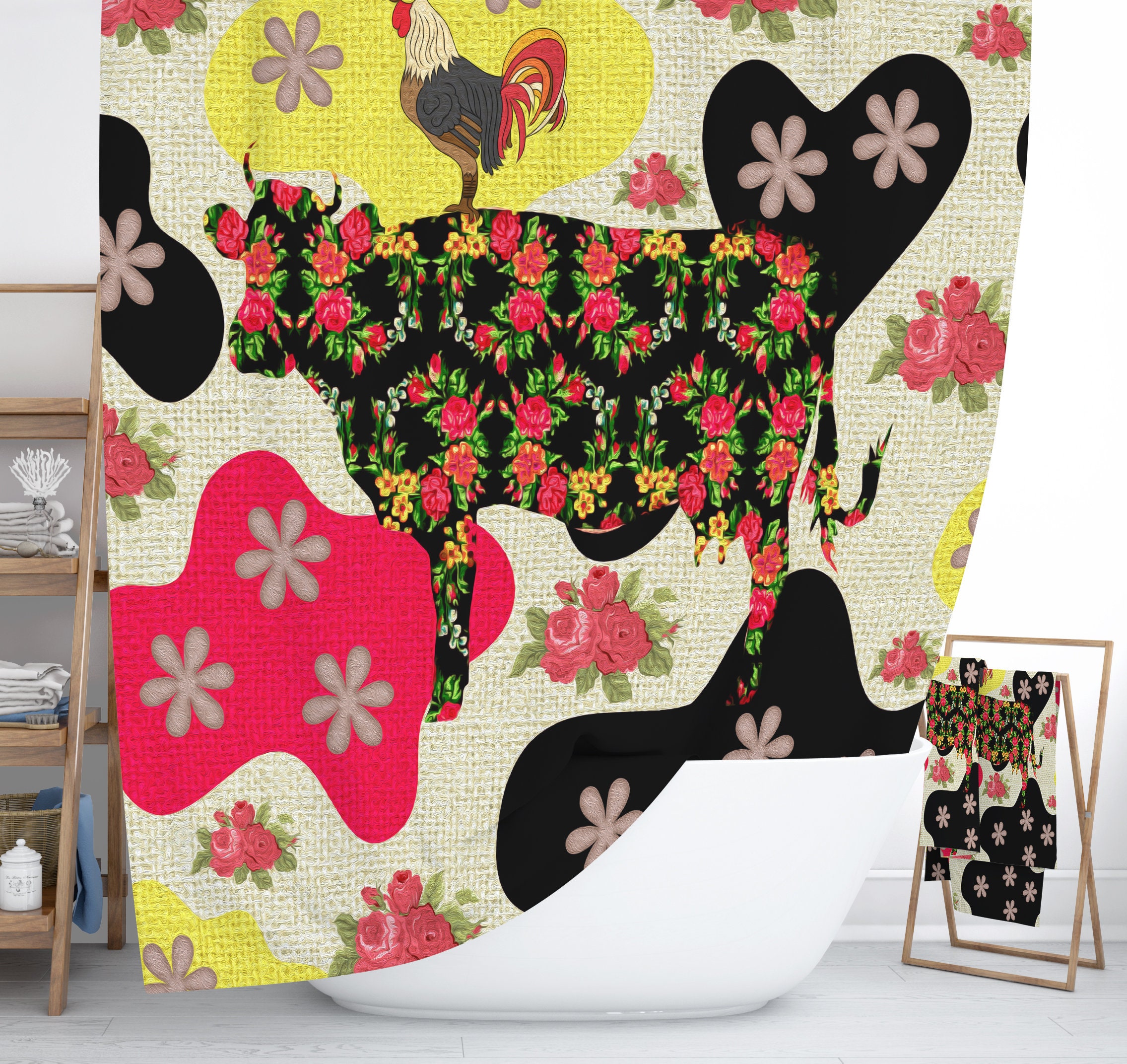 Boho Farmhouse Shower Curtain, Funky Cow and Vintage Quotes Design, Perfect for Rustic Bathrooms - SHOWER1