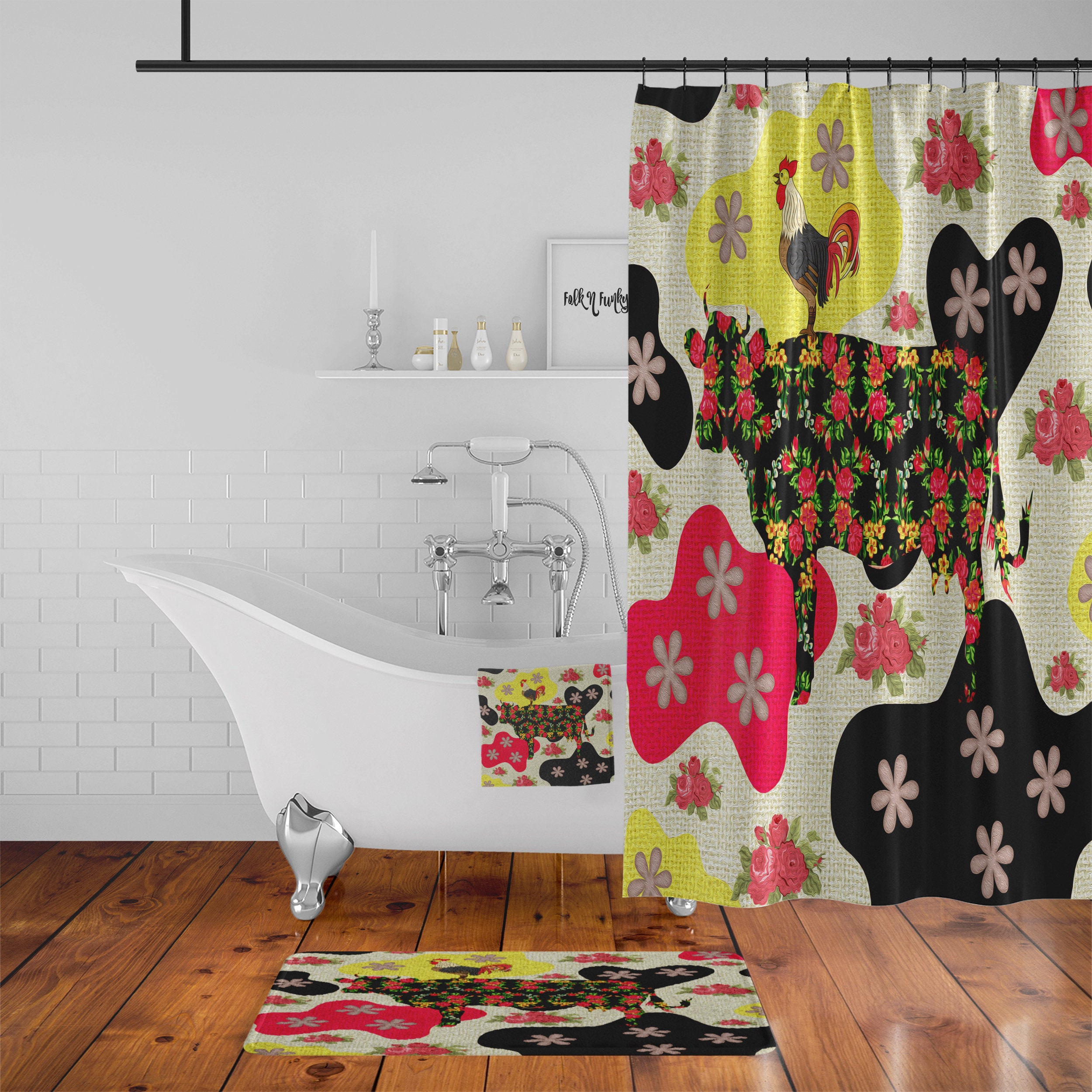 Boho Farmhouse Shower Curtain, Funky Cow and Vintage Quotes Design, Perfect for Rustic Bathrooms - SHOWER1 - Image 2