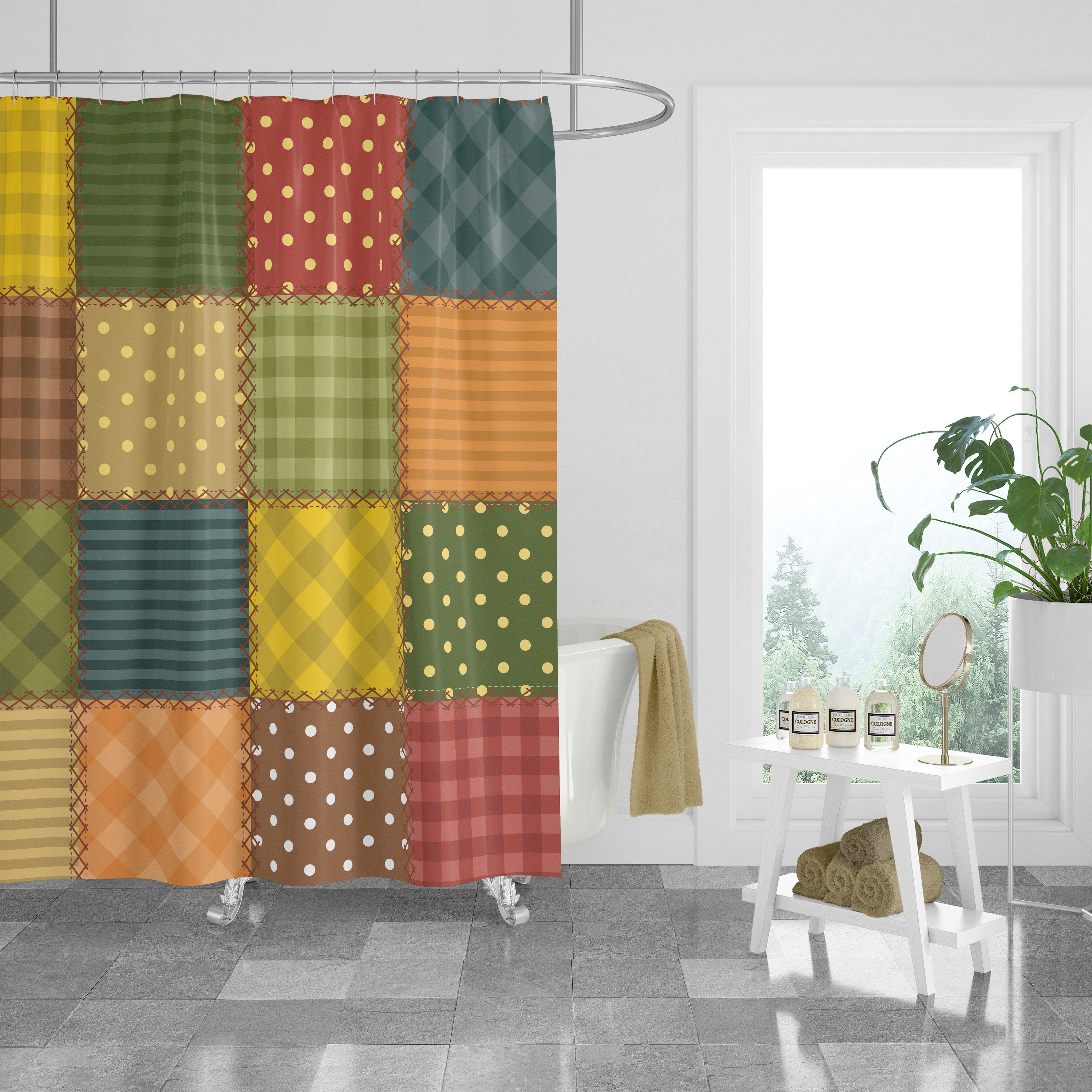 Boho Faux Patchwork Shower Curtain Optional Towels and Mat with Shower Curtain Ideas Print