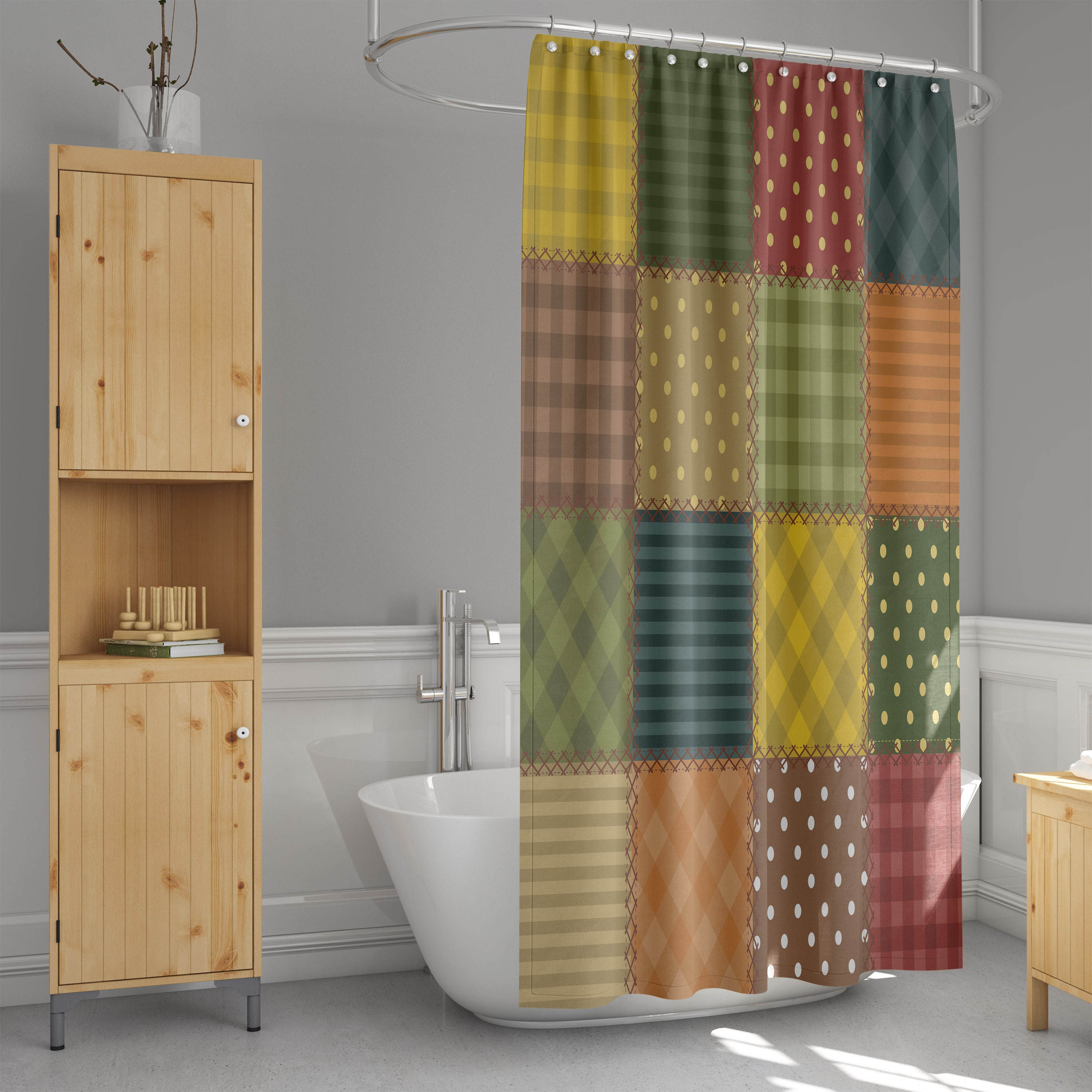 Boho Faux Patchwork Shower Curtain Optional Towels and Mat with Shower Curtain Ideas Print - Image 2