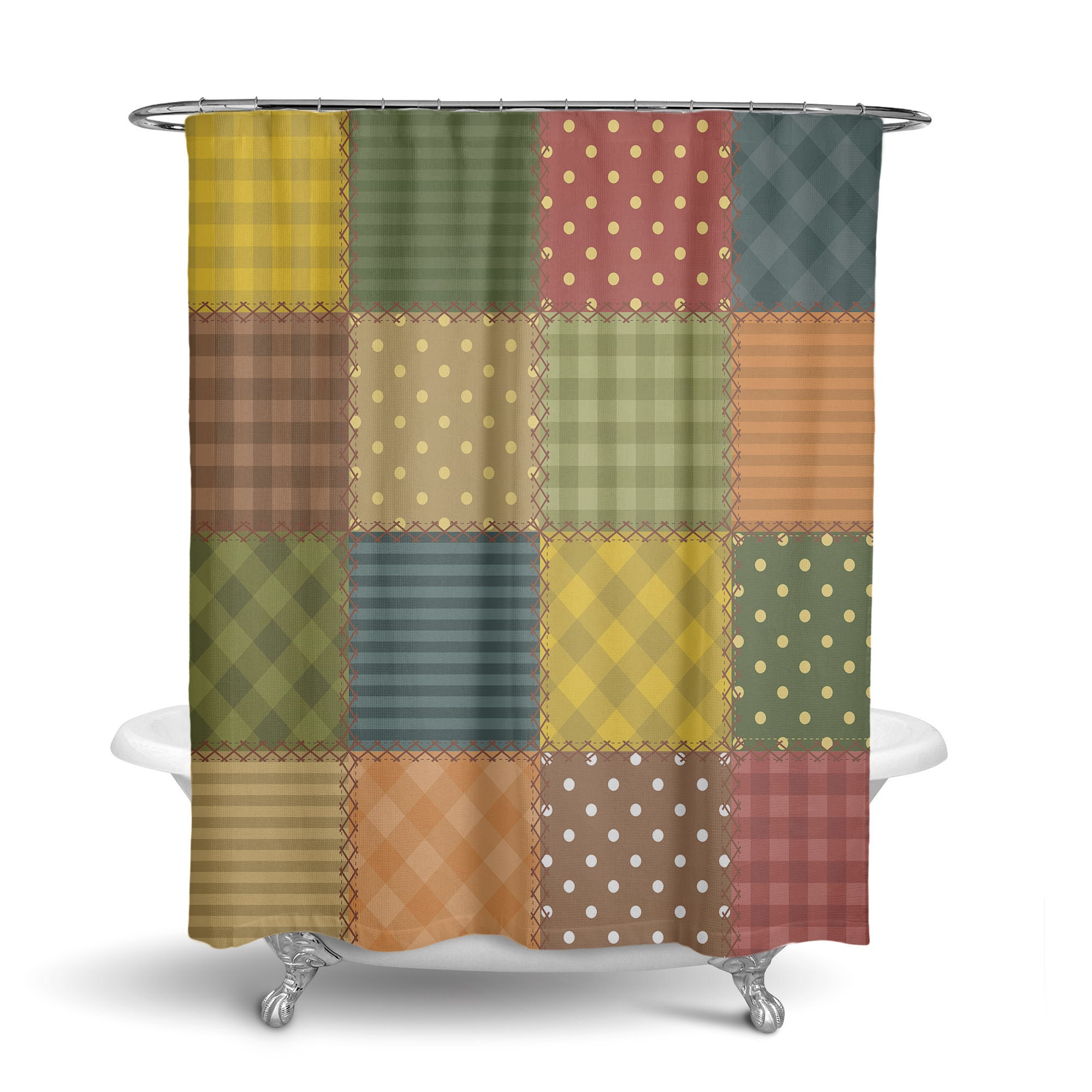 Boho Faux Patchwork Shower Curtain Optional Towels and Mat with Shower Curtain Ideas Print - Image 3