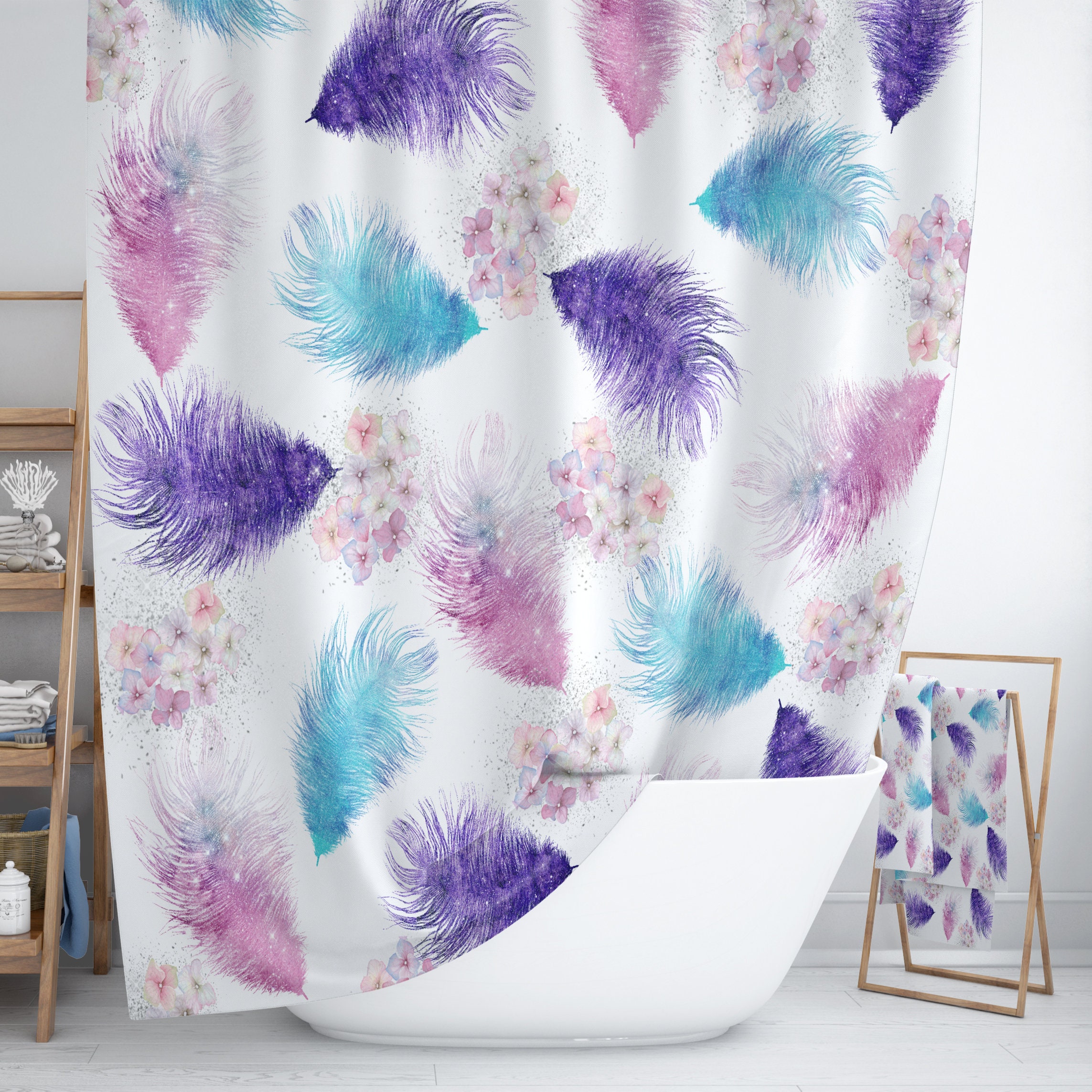 Boho Feathers and Flowers Shower Curtain with Optional Bath Mat Bathroom Set for Gypsy Spirit