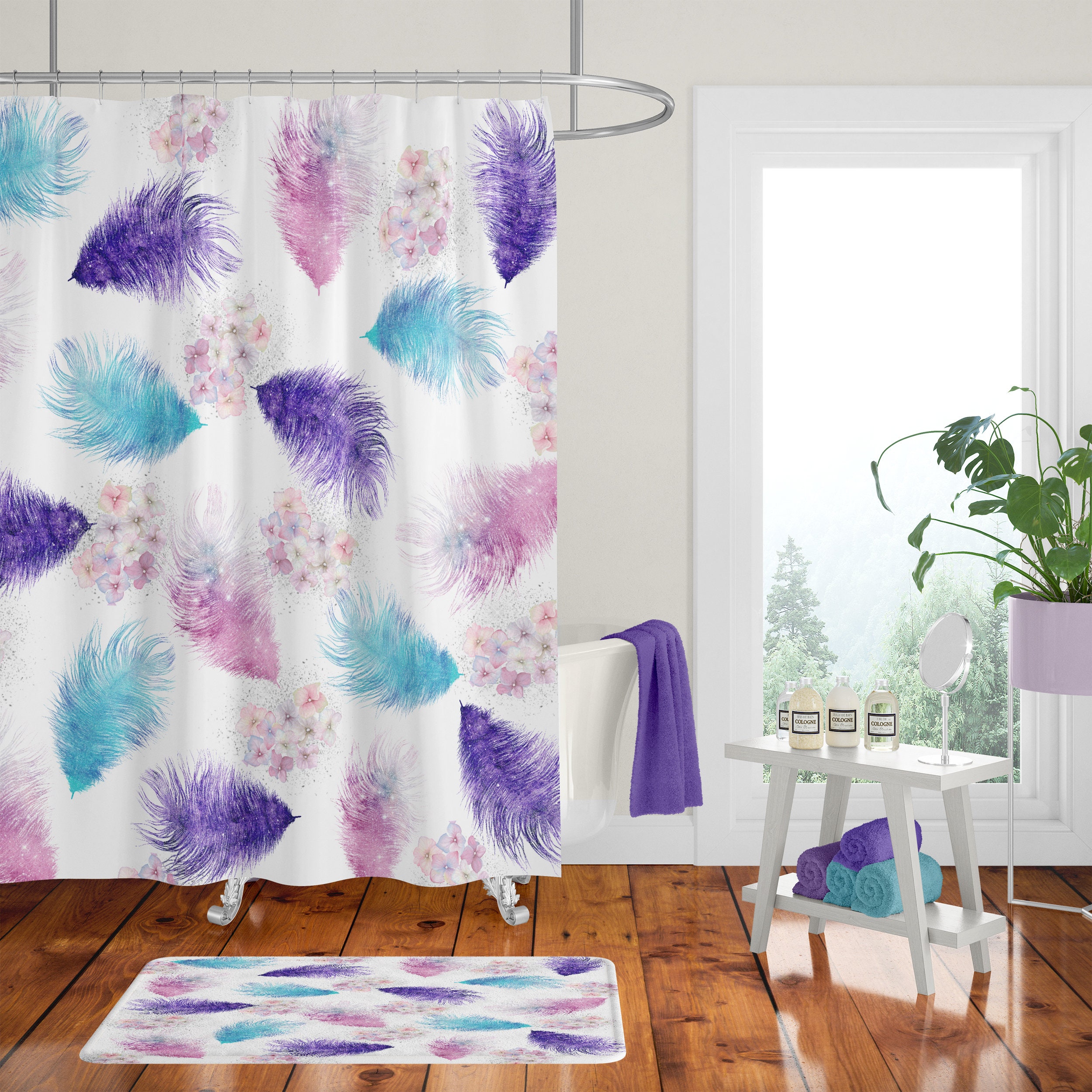 Boho Feathers and Flowers Shower Curtain with Optional Bath Mat Bathroom Set for Gypsy Spirit - Image 2