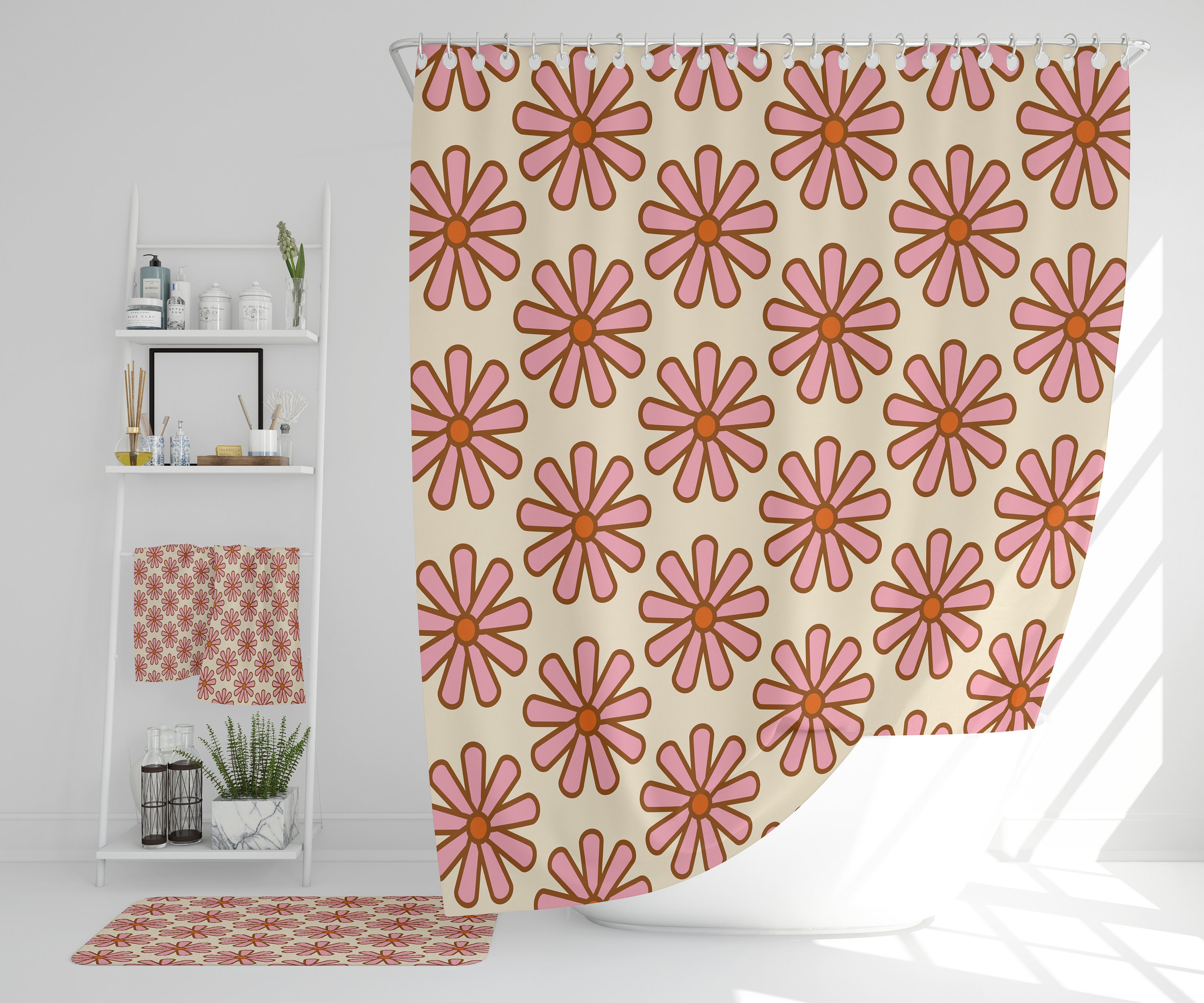 Boho Floral Bathroom Set, Groovy 60's 70's Hippie Shower Accessory, Fun Retro Decor for Spa Feeling