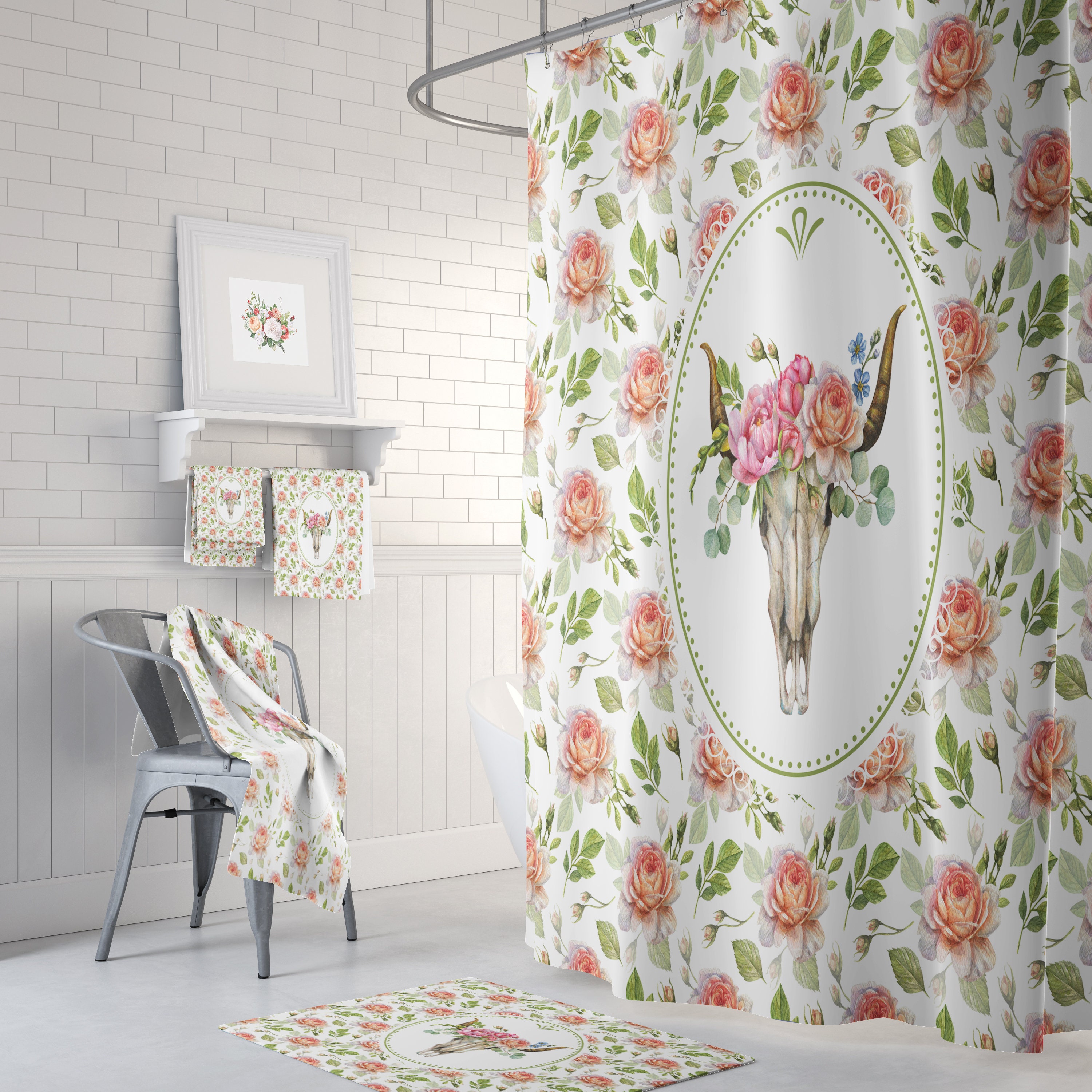 Boho Floral Shower Curtain Bull Skull Many Variants Bath Towel Bath Mat Set Options Shower Curtains Print