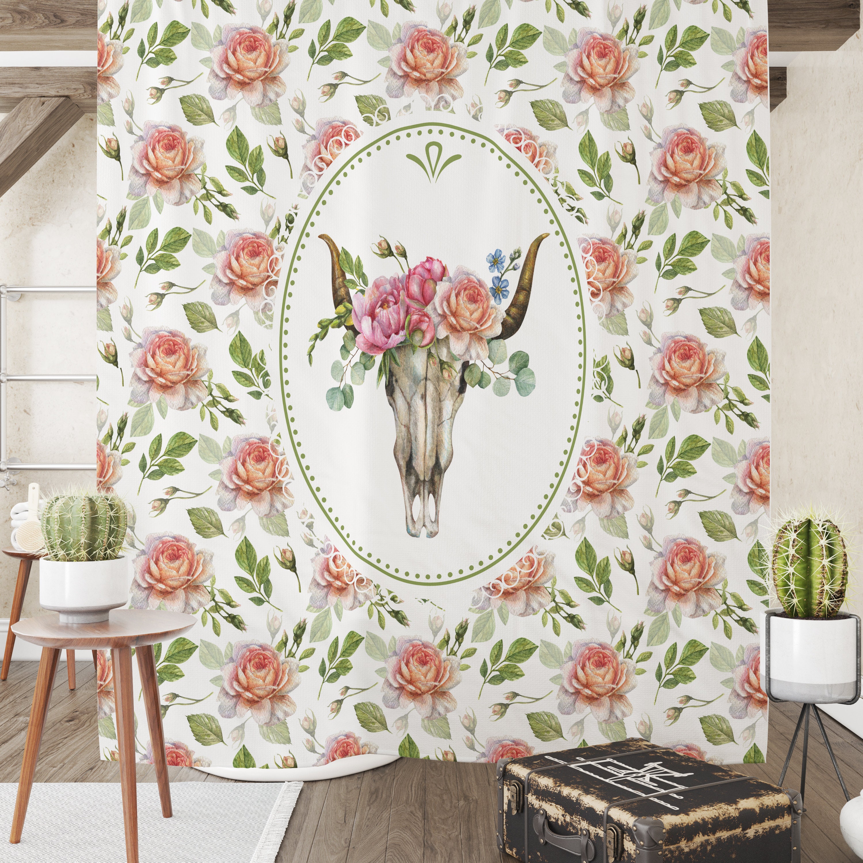Boho Floral Shower Curtain Bull Skull Many Variants Bath Towel Bath Mat Set Options Shower Curtains Print - Image 2