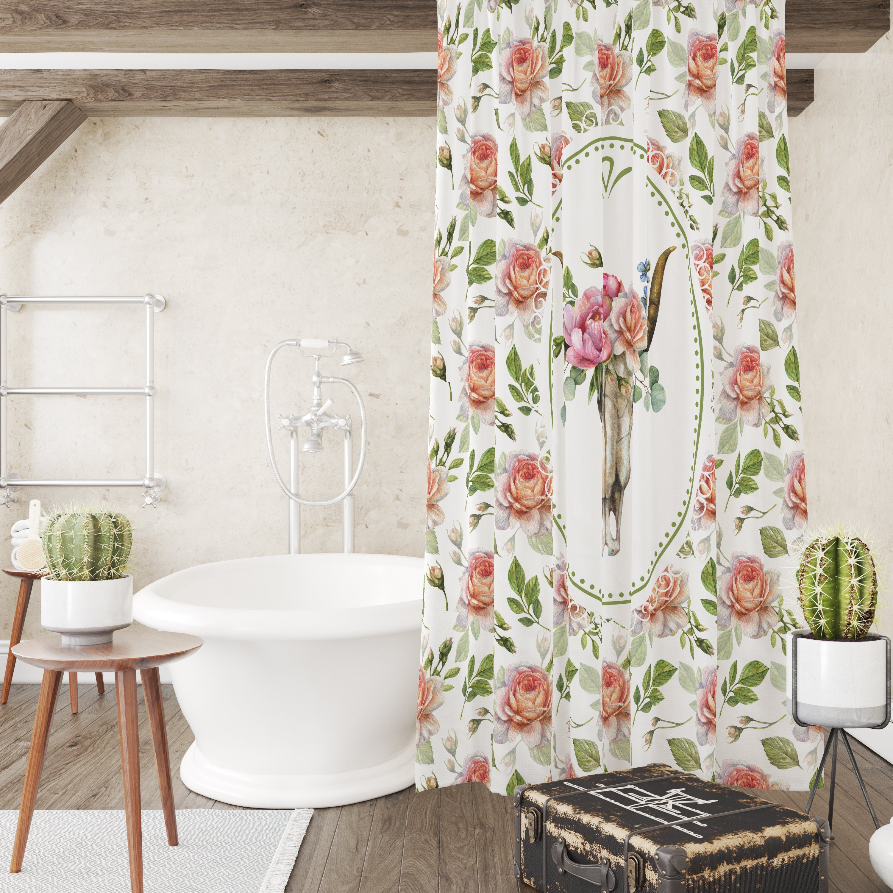 Boho Floral Shower Curtain Bull Skull Many Variants Bath Towel Bath Mat Set Options Shower Curtains Print - Image 3