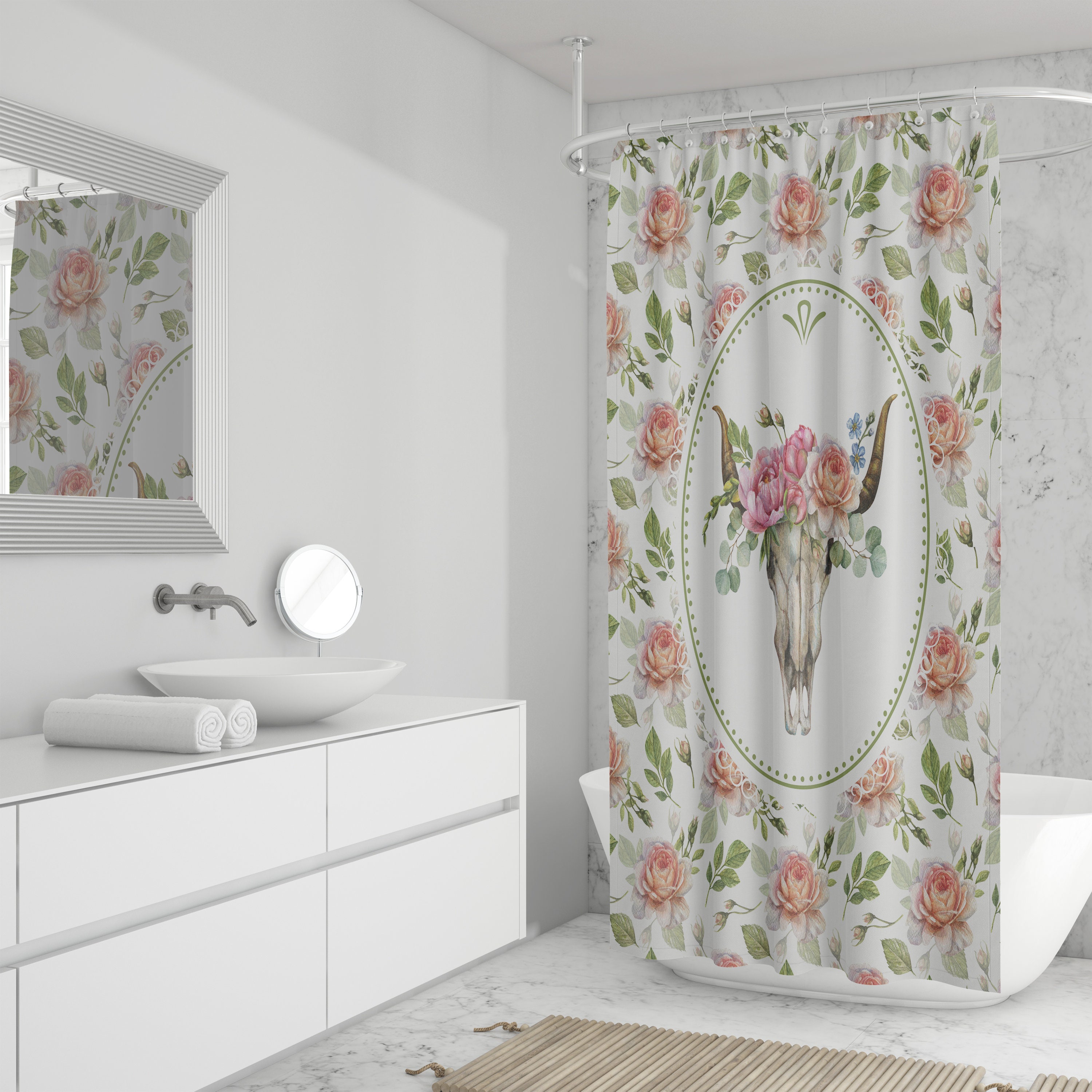 Boho Floral Shower Curtain Bull Skull Many Variants Bath Towel Bath Mat Set Options Shower Curtains Print - Image 4