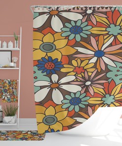 Boho Flowers Bathroom Set, Retro Shower Accessory with Waffle Weave Curtain, Soft Towels and Mat