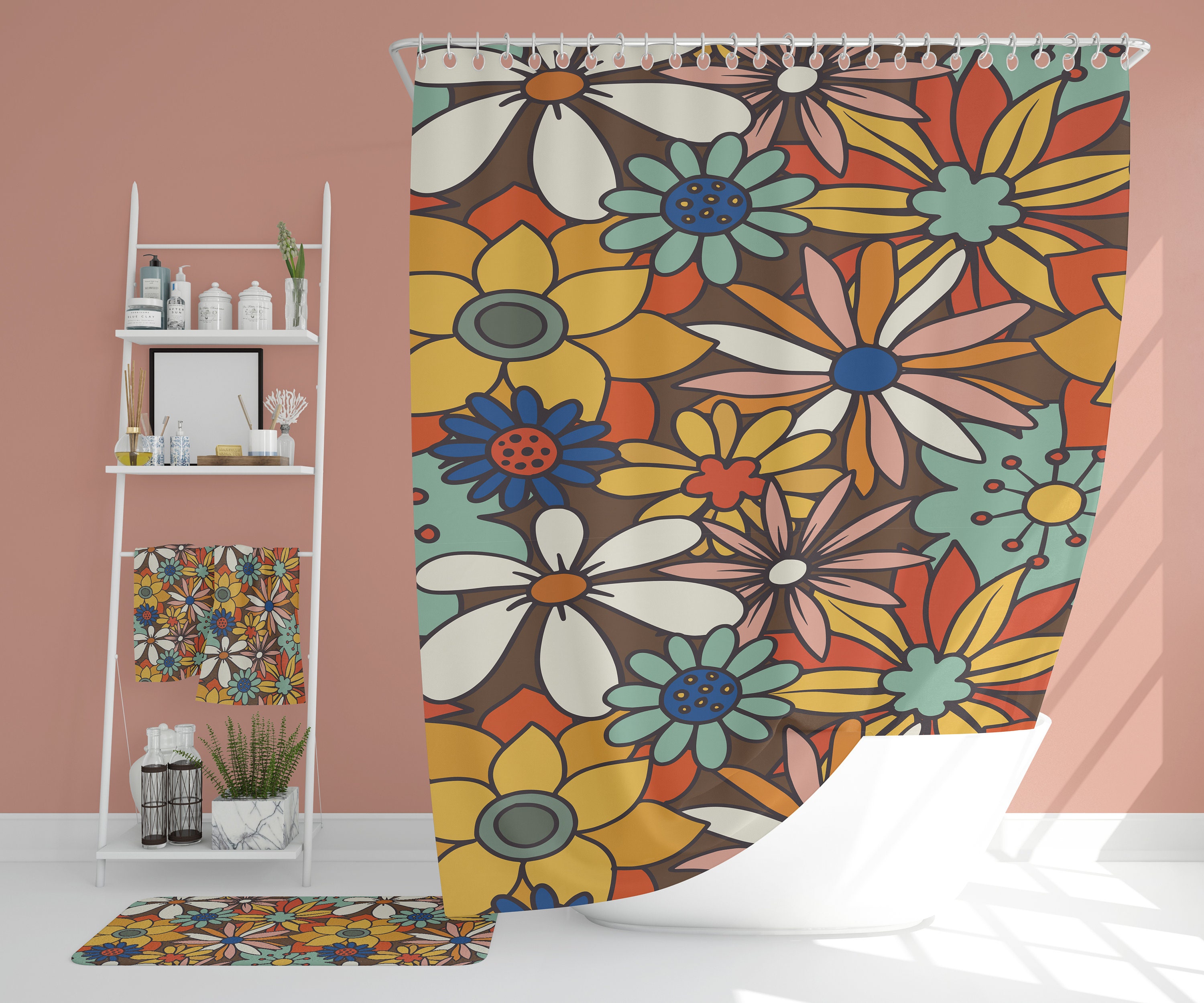 Boho Flowers Bathroom Set, Retro Shower Accessory with Waffle Weave Curtain, Soft Towels and Mat