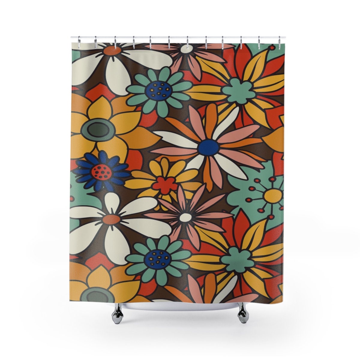 Boho Flowers Bathroom Set, Retro Shower Accessory with Waffle Weave Curtain, Soft Towels and Mat - Image 2