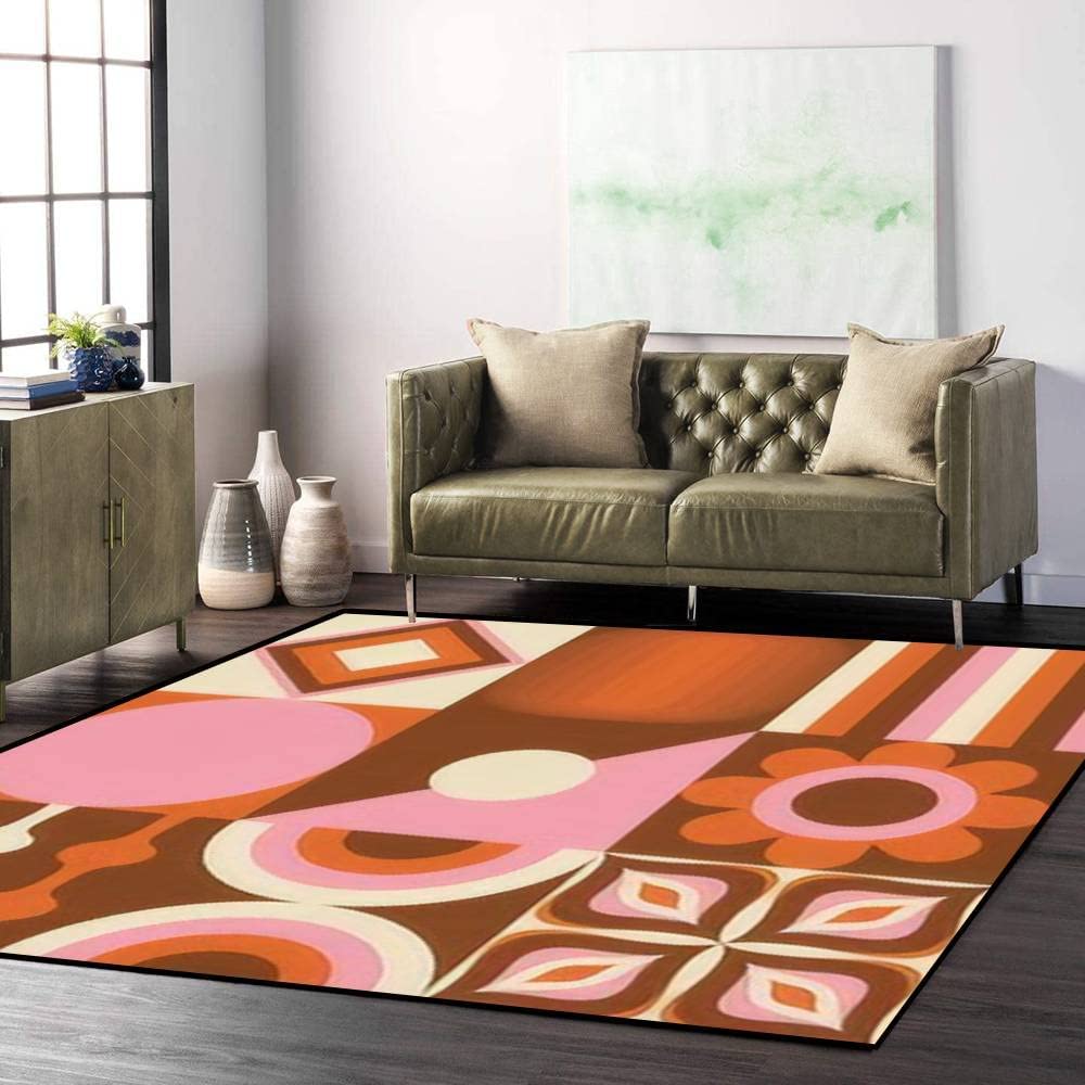 Boho Geometric Retro Tile Area Rug in Orange Brown Pink Beige for Living Room Bedroom - Personalize Home Décor