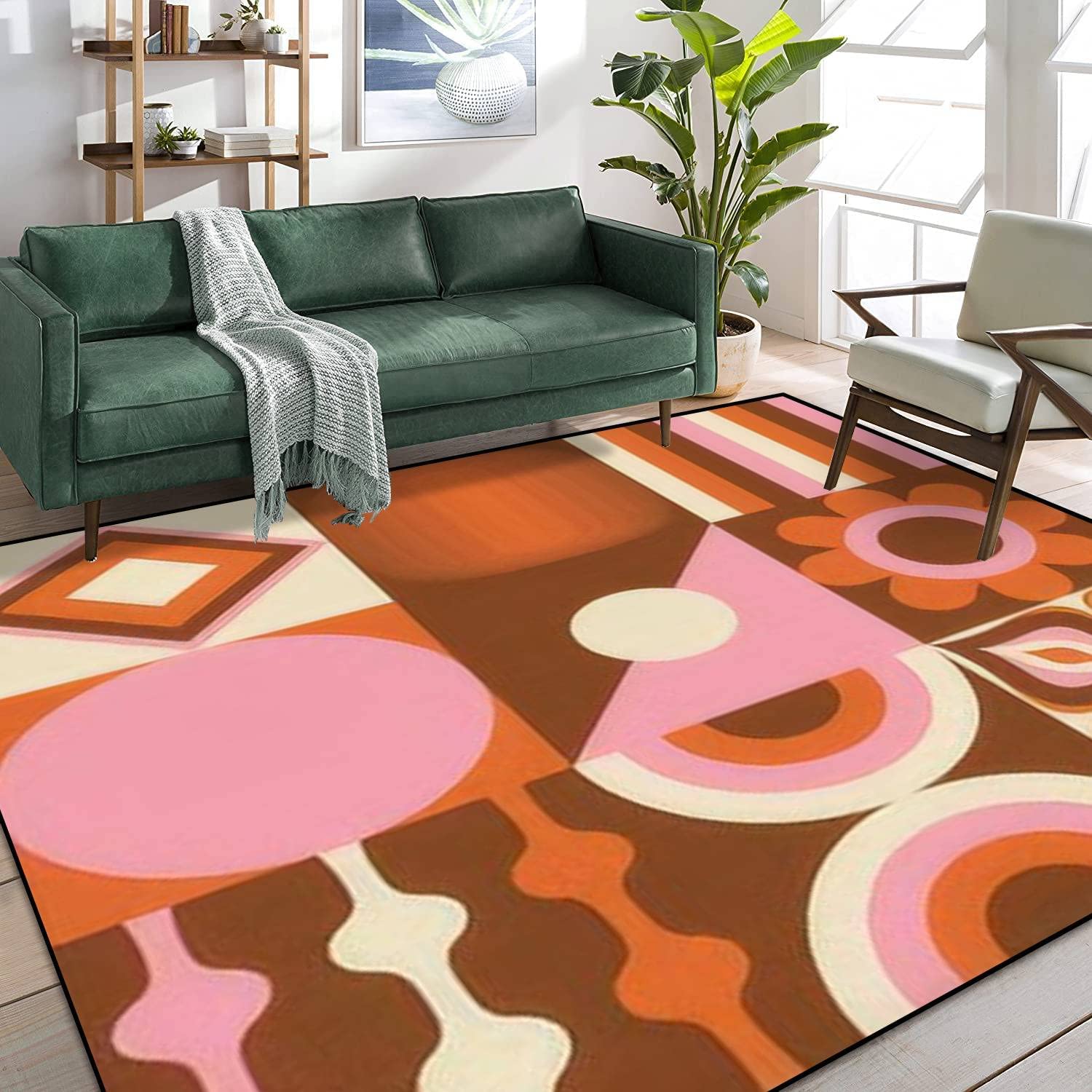 Boho Geometric Retro Tile Area Rug in Orange Brown Pink Beige for Living Room Bedroom - Personalize Home Décor - Image 2