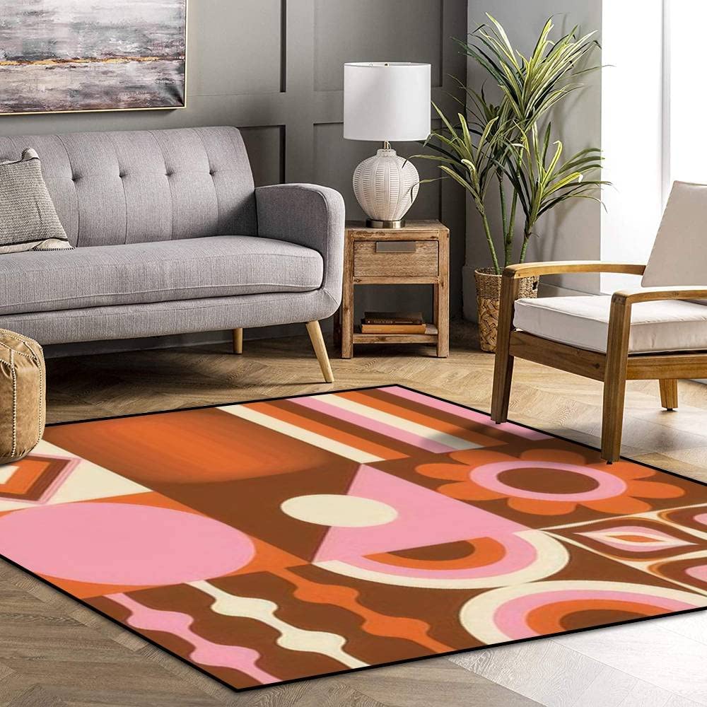 Boho Geometric Retro Tile Area Rug in Orange Brown Pink Beige for Living Room Bedroom - Personalize Home Décor - Image 3
