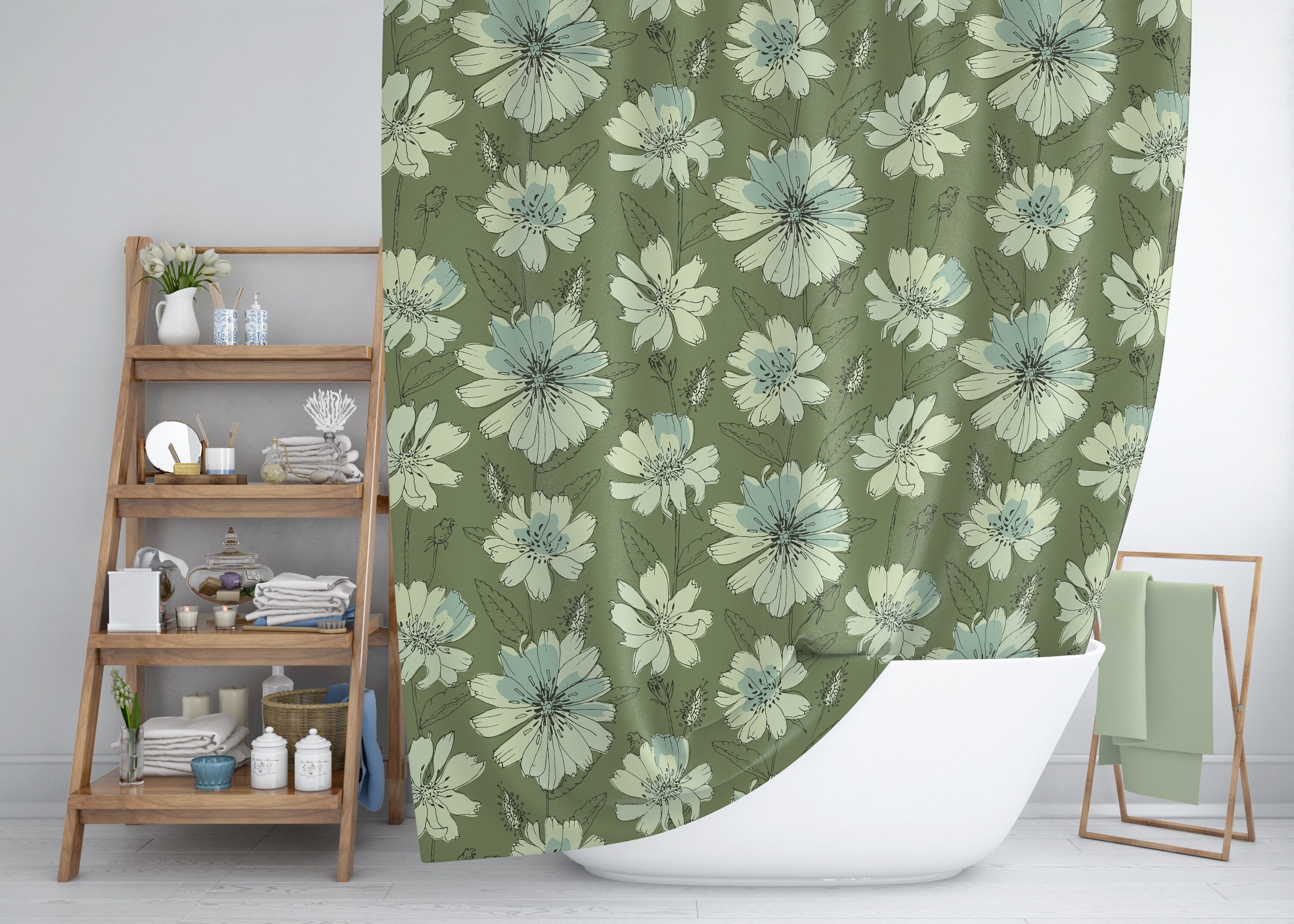 Boho Green Botanical Floral Shower Curtain / Bathroom Accessories / Modern Bath Design
