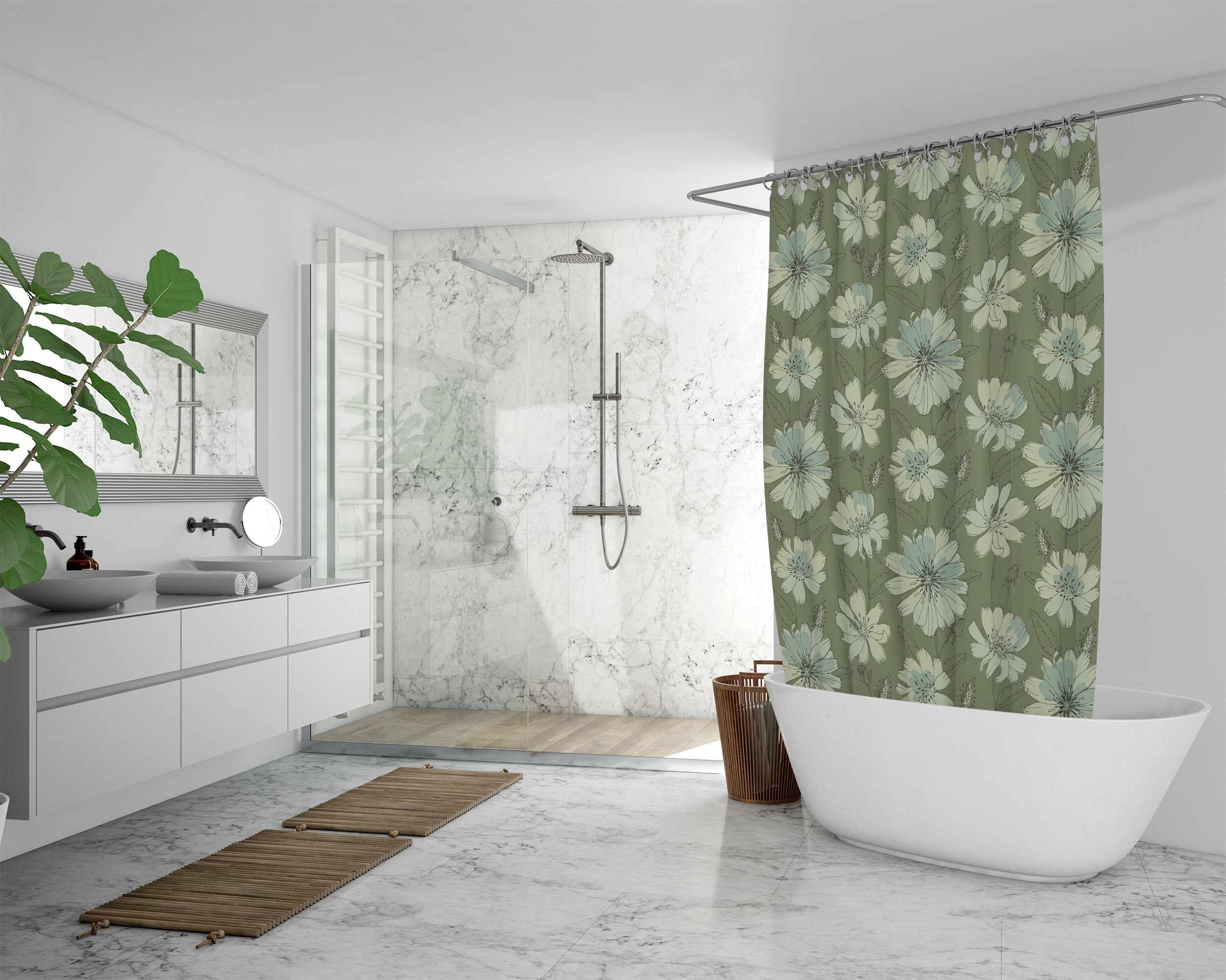 Boho Green Botanical Floral Shower Curtain / Bathroom Accessories / Modern Bath Design - Image 3