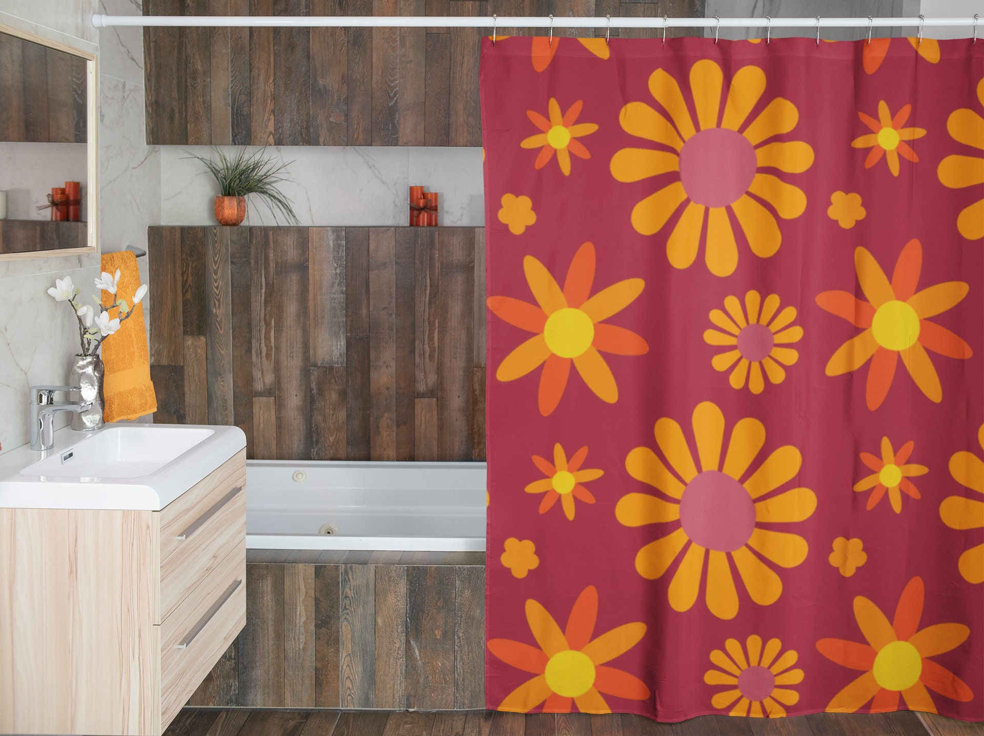 Boho Groovy Flowers Shower Curtain, Retro Bathroom Accessory with 1970's Inspiration