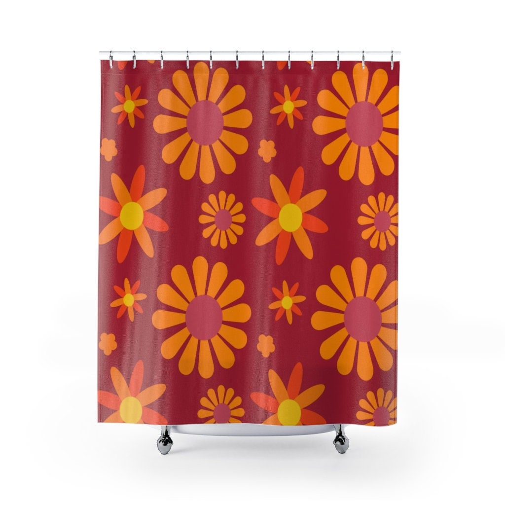 Boho Groovy Flowers Shower Curtain, Retro Bathroom Accessory with 1970's Inspiration - Image 2