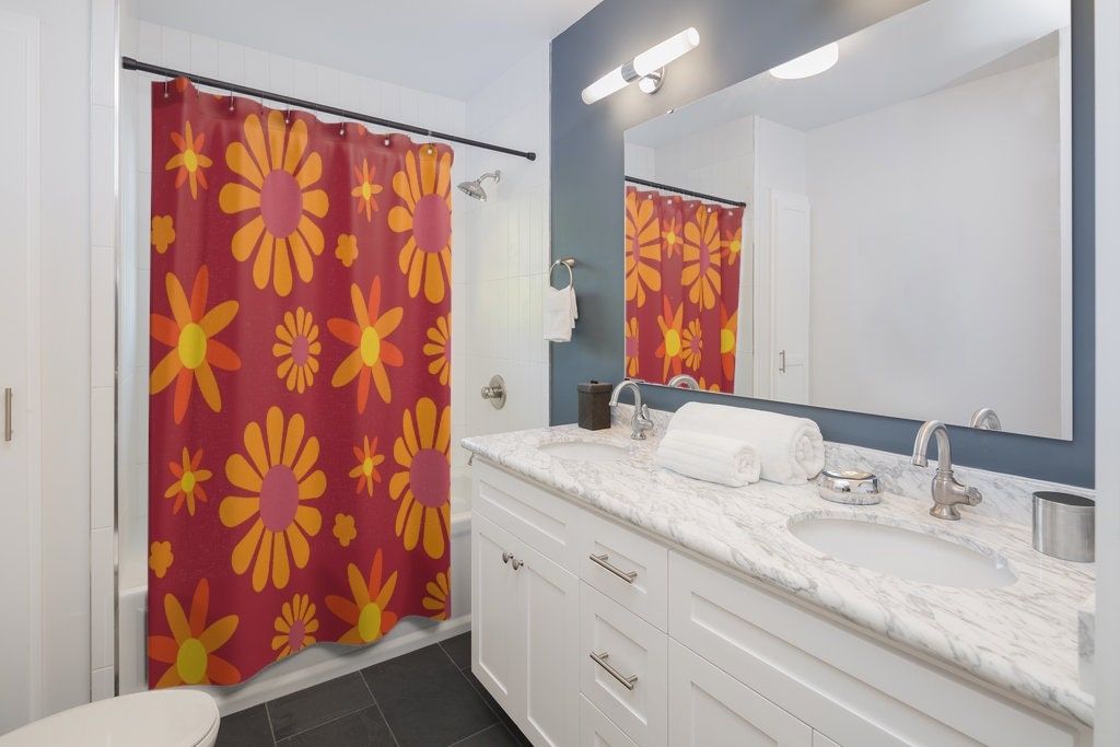 Boho Groovy Flowers Shower Curtain, Retro Bathroom Accessory with 1970's Inspiration - Image 3
