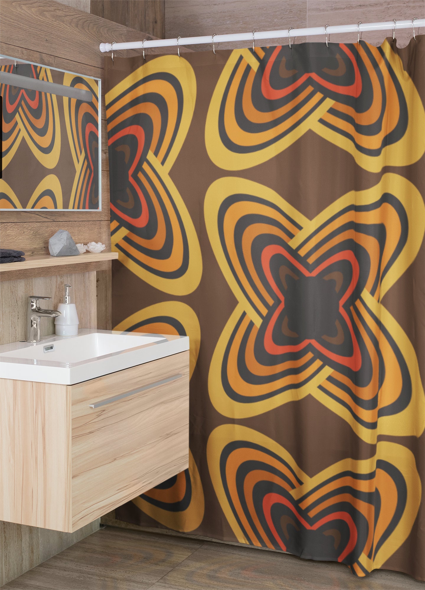 Boho Groovy Shower Curtain, Hippie Inspired Retro Bathroom Decor, Unique Bathroom Accessory