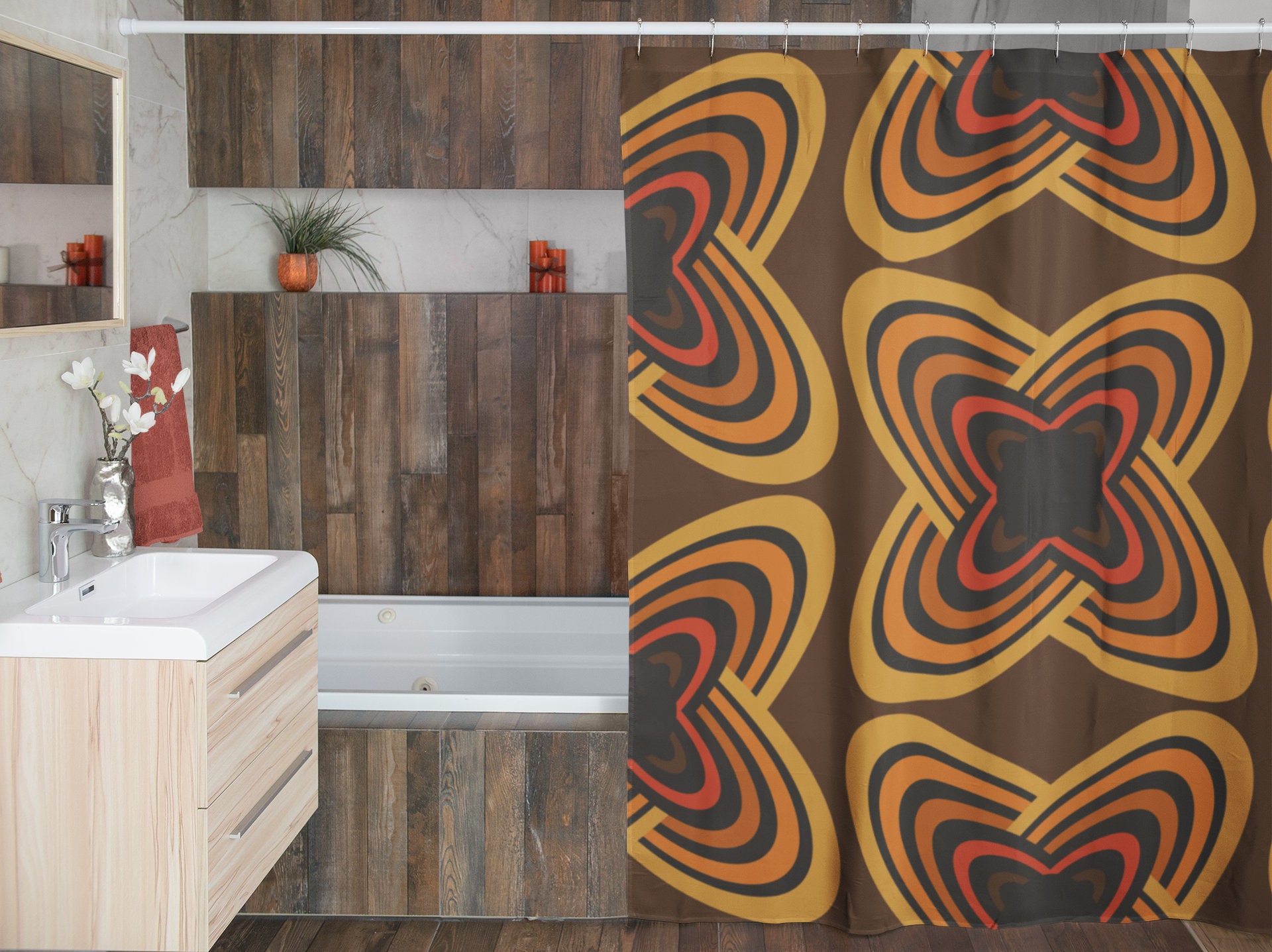 Boho Groovy Shower Curtain, Hippie Inspired Retro Bathroom Decor, Unique Bathroom Accessory - Image 4