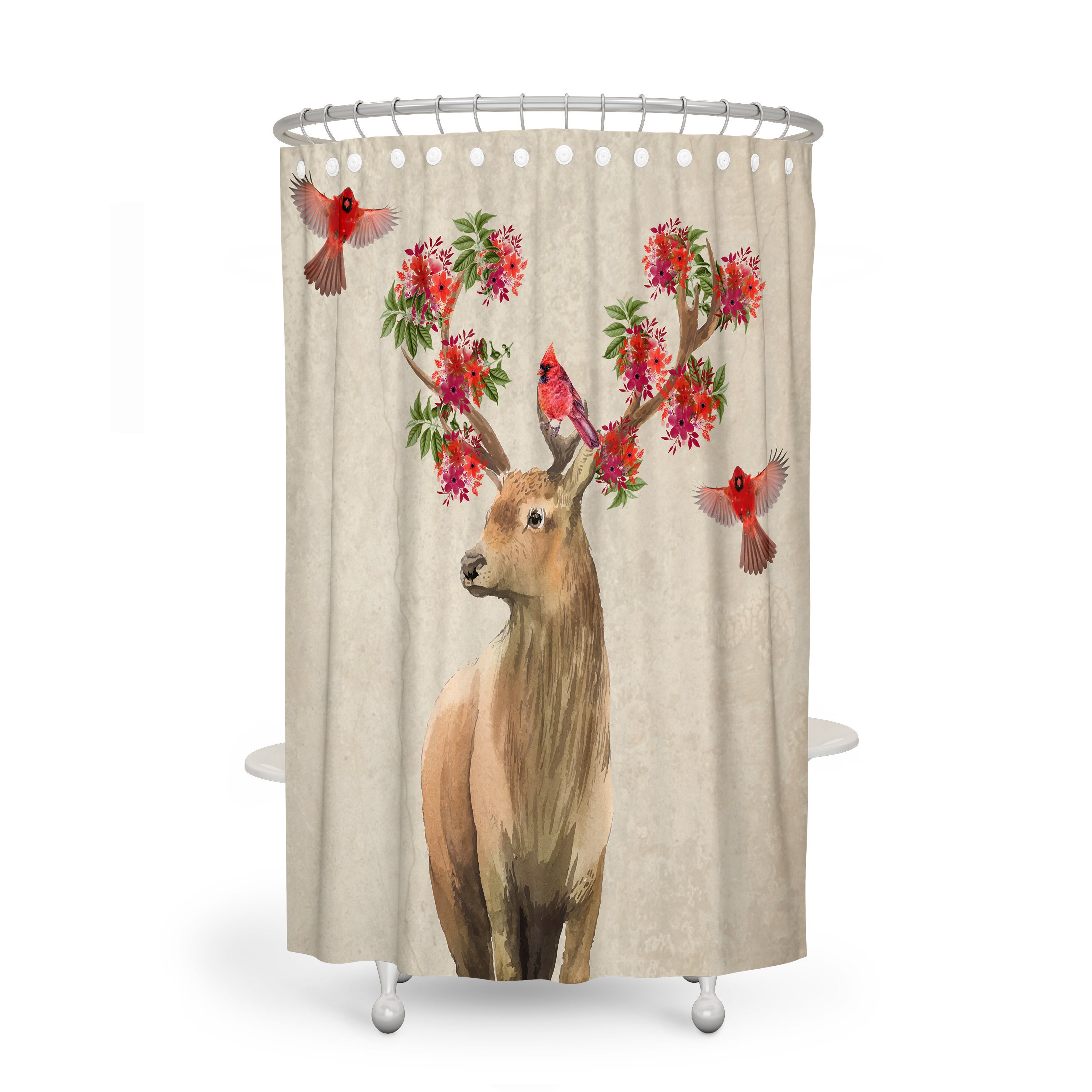 Boho Harmony Shower Curtain Woodland Deer and Cardinals. Optional Set and Options - Image 2