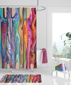 Boho Hippie Swirls Shower Curtain Optional Bath Mat Bathroom, Gypsy Rainbow with Restroom Shower Curtains Print