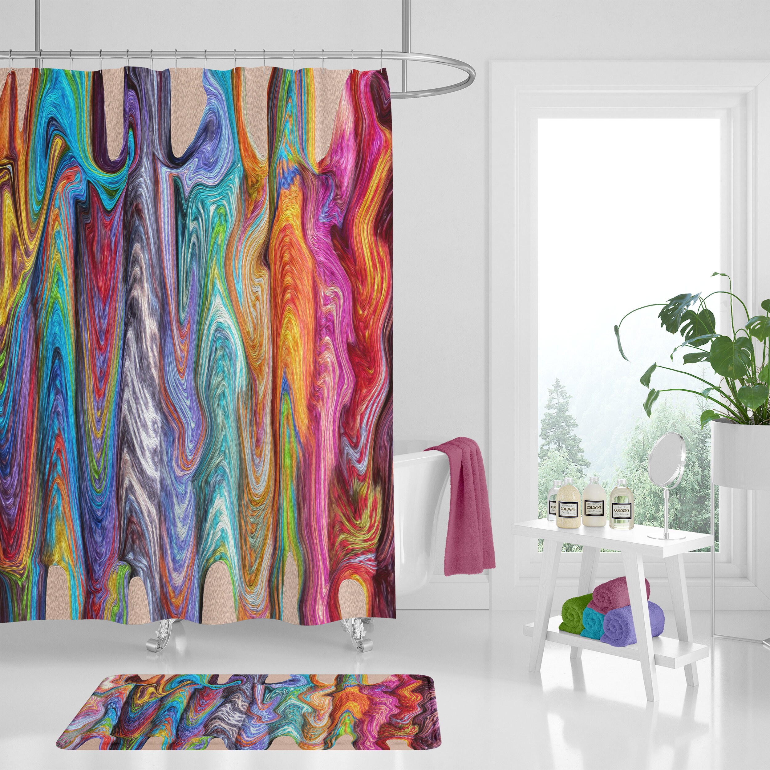 Boho Hippie Swirls Shower Curtain Optional Bath Mat Bathroom, Gypsy Rainbow with Restroom Shower Curtains Print