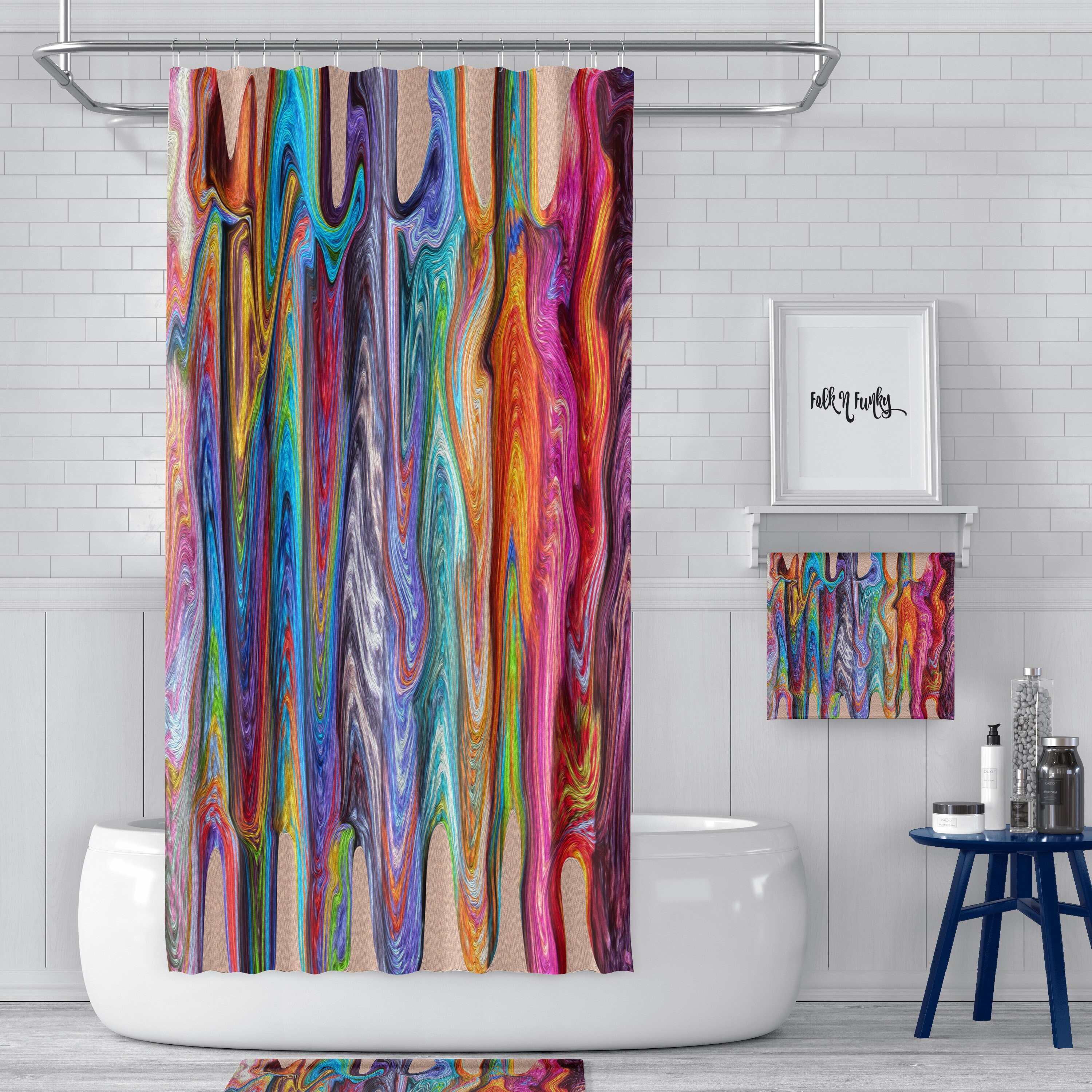 Boho Hippie Swirls Shower Curtain Optional Bath Mat Bathroom, Gypsy Rainbow with Restroom Shower Curtains Print - Image 2