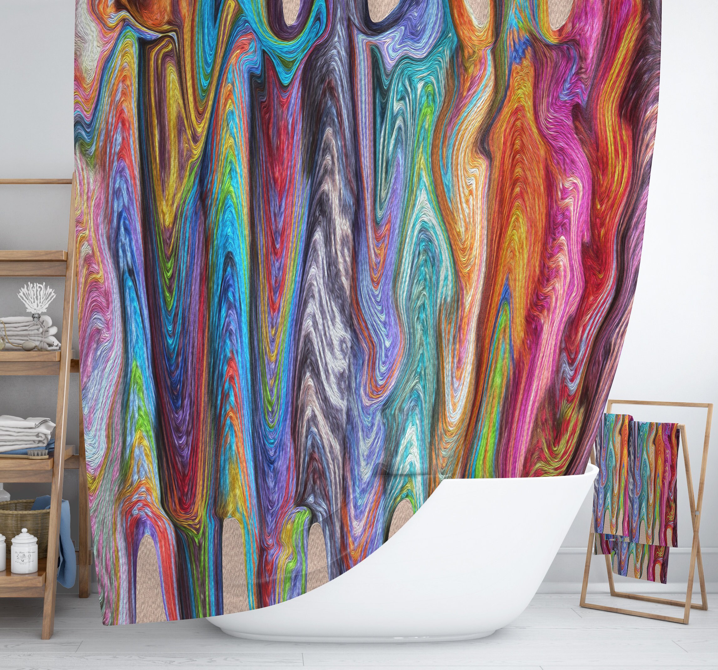 Boho Hippie Swirls Shower Curtain Optional Bath Mat Bathroom, Gypsy Rainbow with Restroom Shower Curtains Print - Image 3