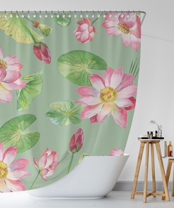 Boho Lotus Floral Shower Curtain / Green Botanical Bathroom Decor / Fabric Bath Curtain / Spring Bath Curtain