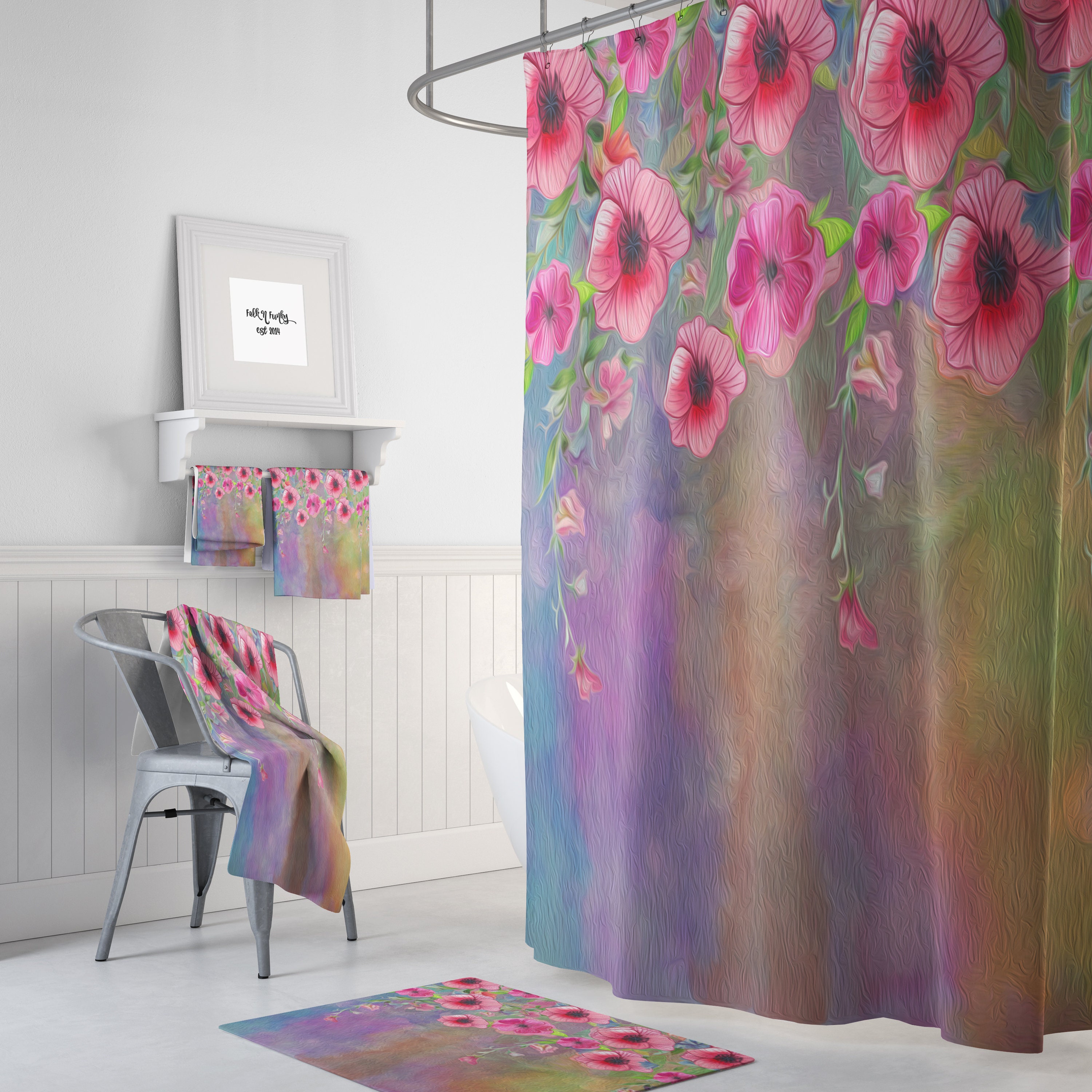 Boho Maximalist Shower Curtain with Floral Print and Bathroom Decor Options