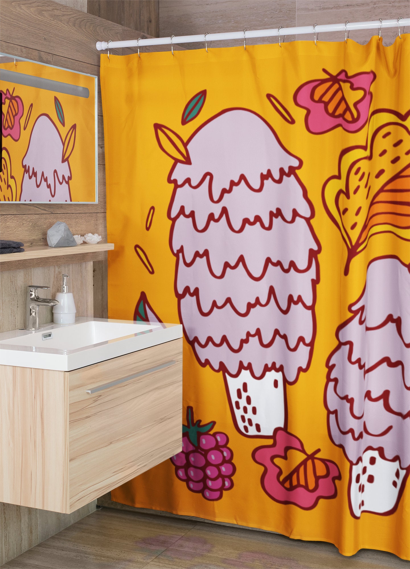 Boho Mushroom Shower Curtain, Groovy Hippie Bathroom Accessory, Vintage Tub Curtain - Image 3