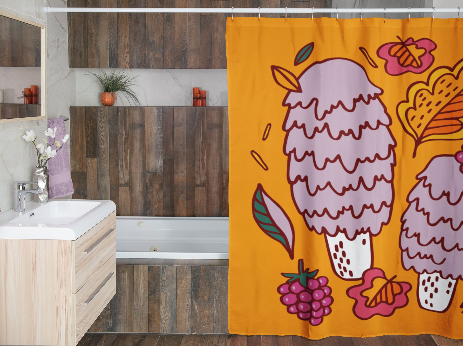 Boho Mushroom Shower Curtain, Groovy Hippie Bathroom Accessory, Vintage Tub Curtain - Image 4
