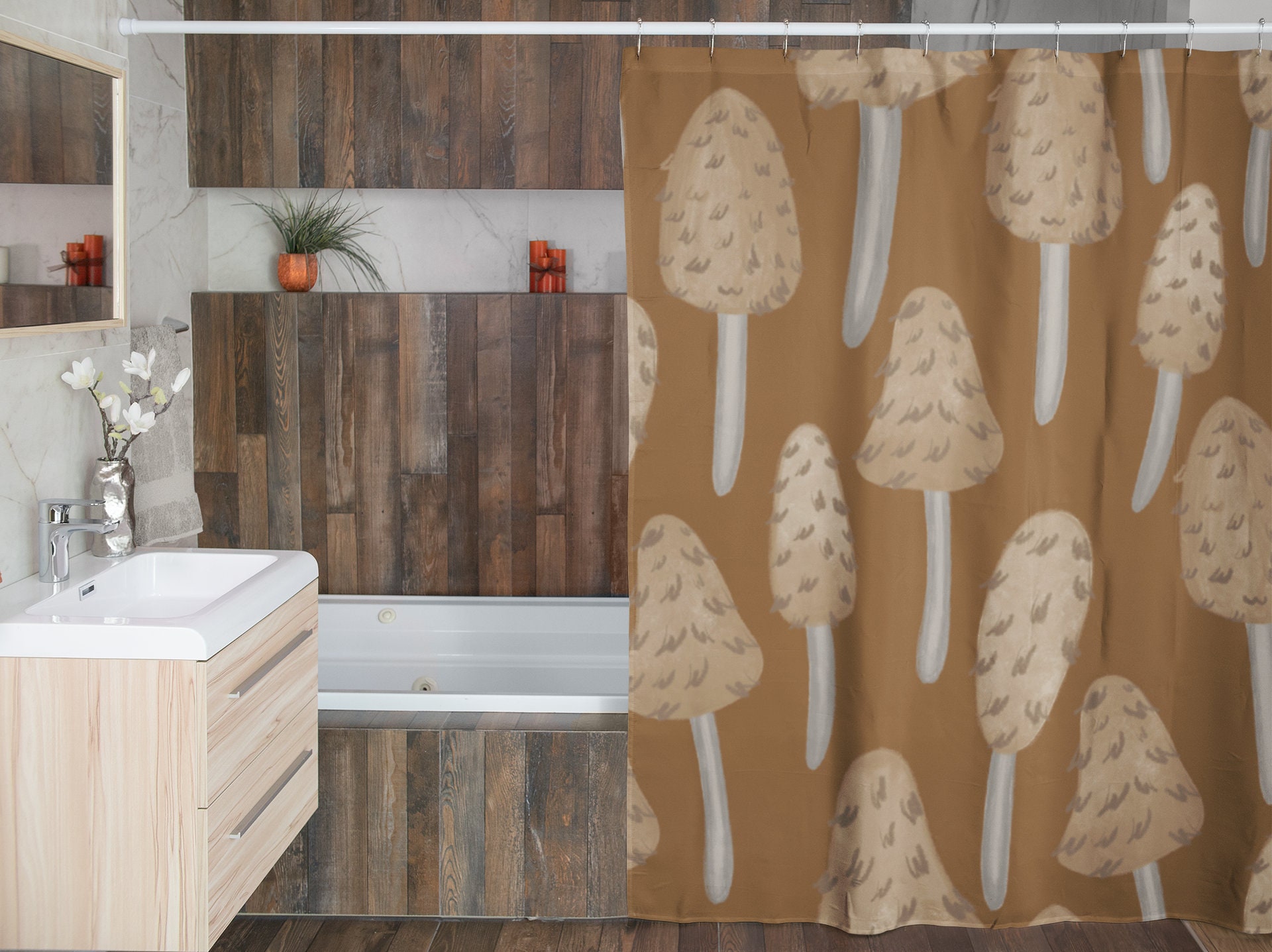 Boho Mushroomcore Shower Curtain, Retro Mushroom Bathroom Accessory, Tub Curtain - Image 3