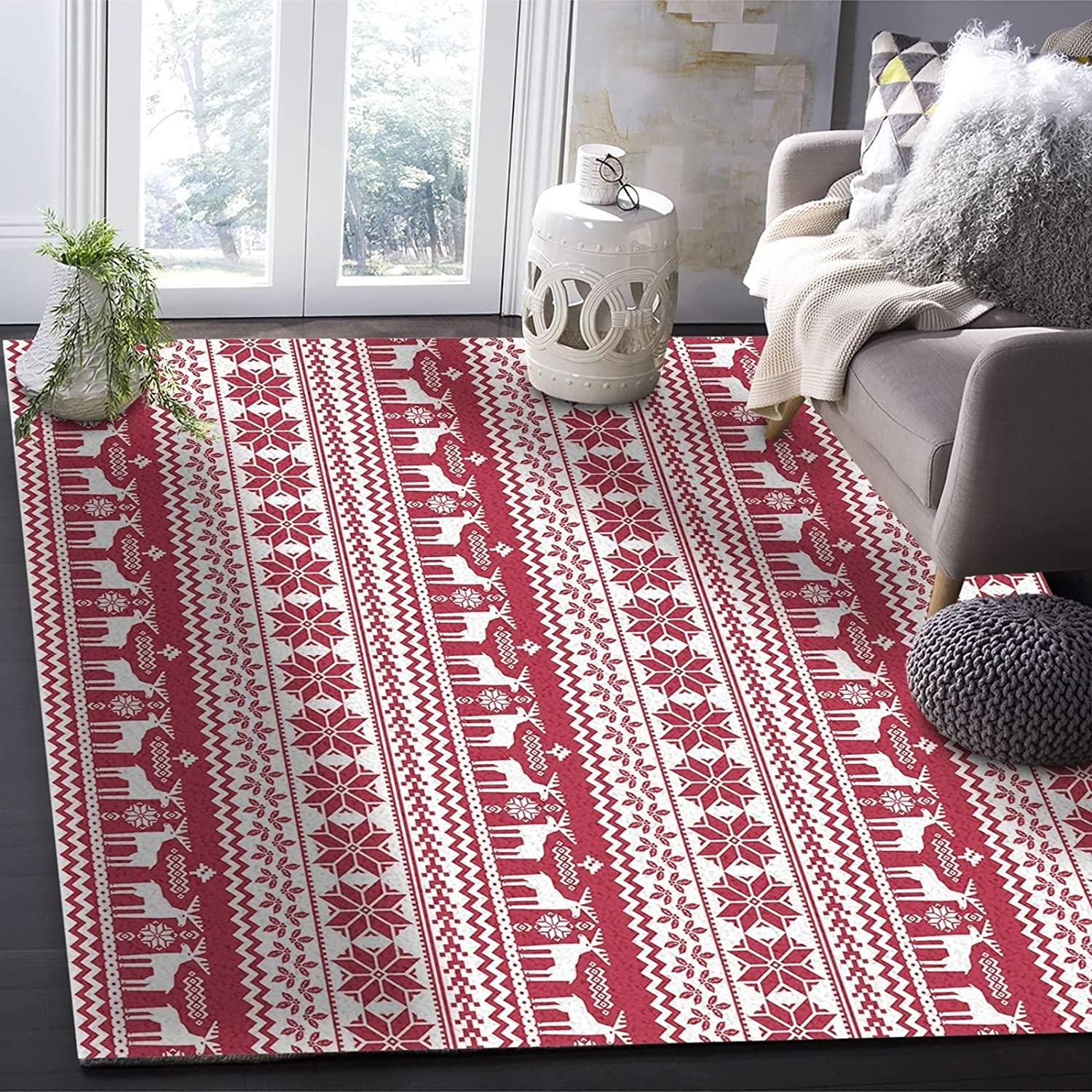 Boho Patchwork Red Christmas Kids Rugs, Machine Washable Breathable Durable Mat with Retro 70s Flair