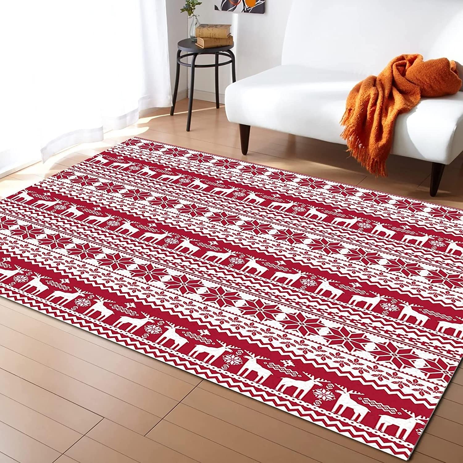 Boho Patchwork Red Christmas Kids Rugs, Machine Washable Breathable Durable Mat with Retro 70s Flair - Image 2