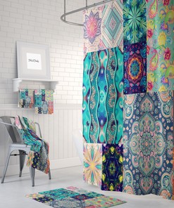 Boho Patterns Patchwork Style Shower Curtain Set with Optional Bath Mat and Towels