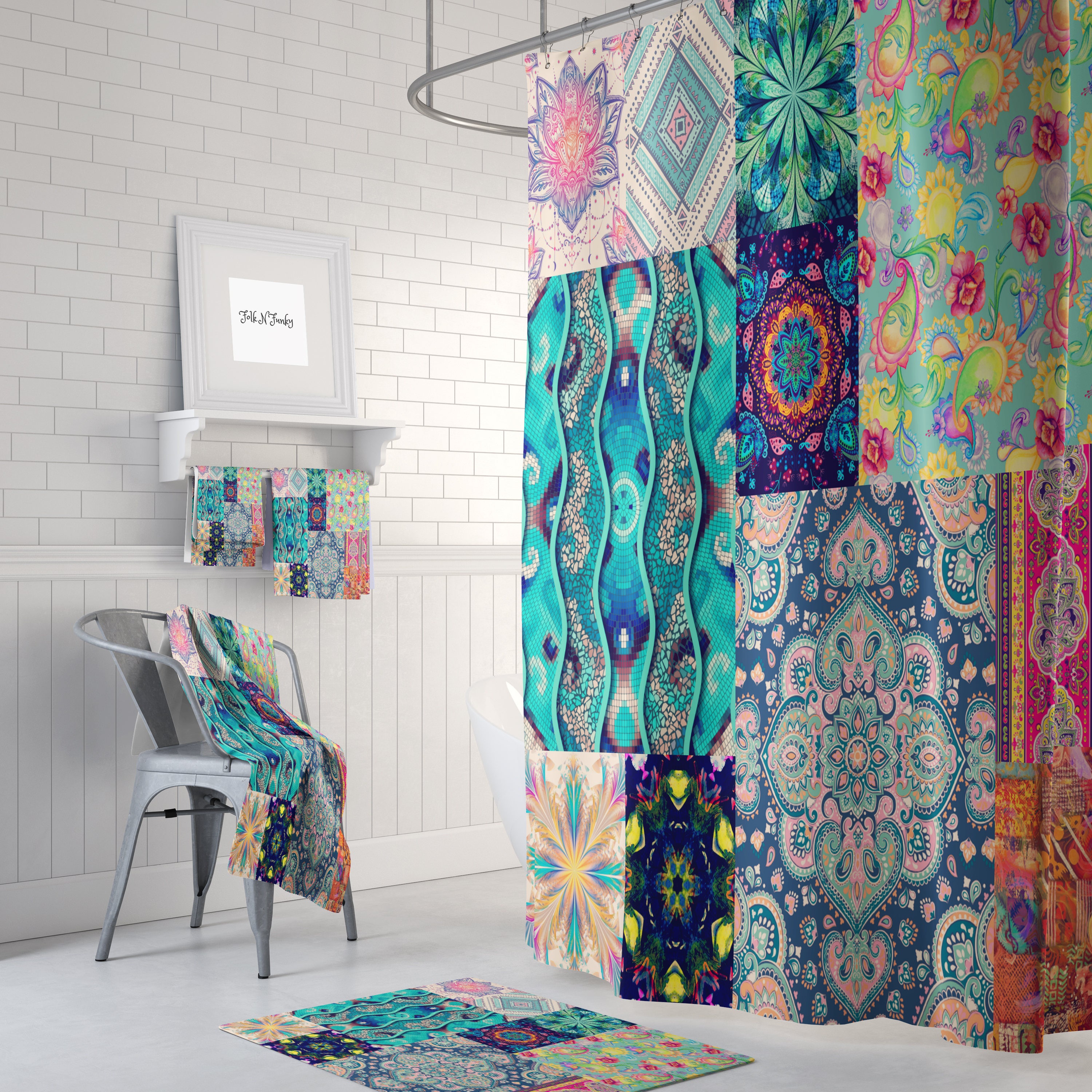 Boho Patterns Patchwork Style Shower Curtain Set with Optional Bath Mat and Towels