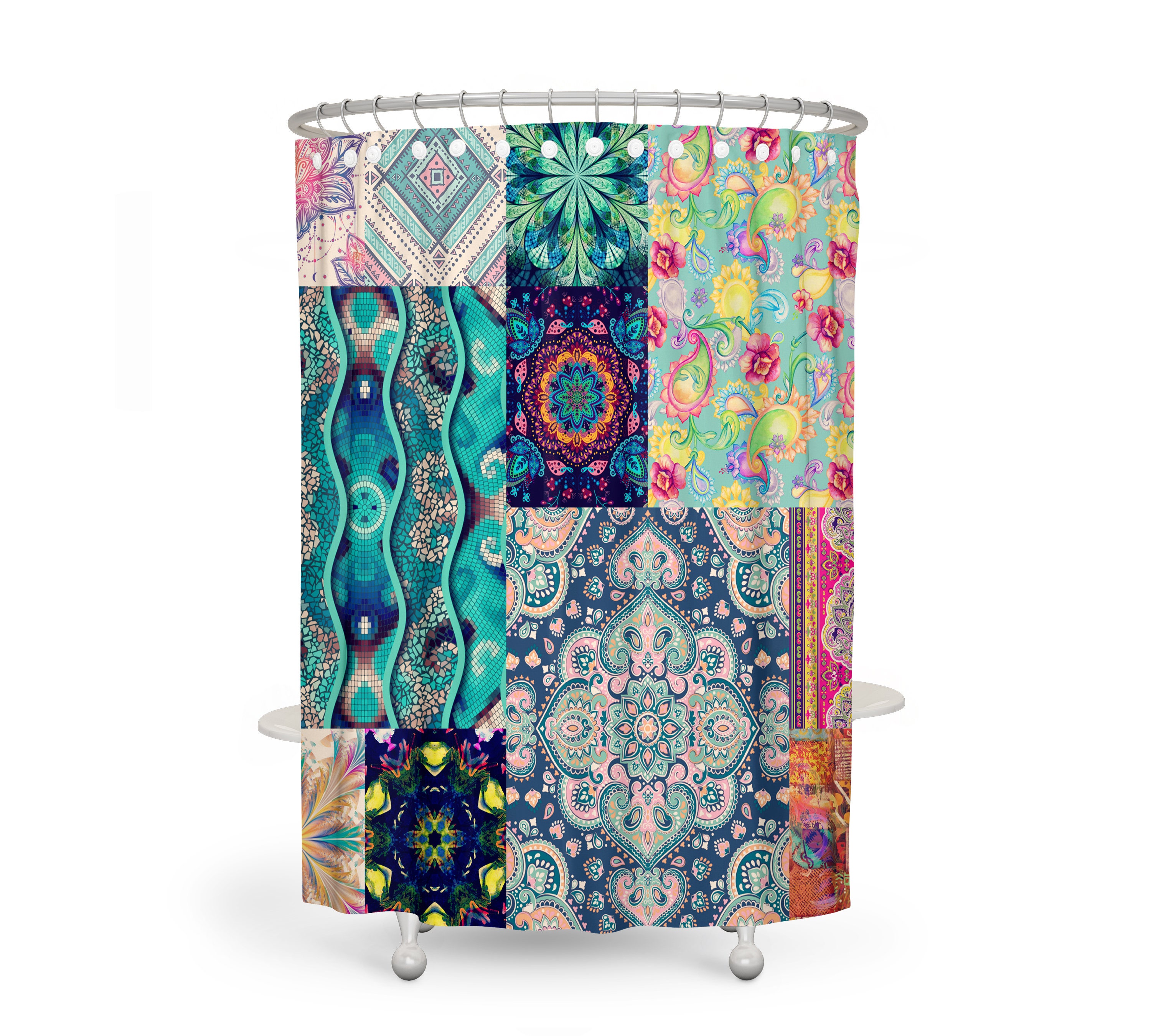 Boho Patterns Patchwork Style Shower Curtain Set with Optional Bath Mat and Towels - Image 2