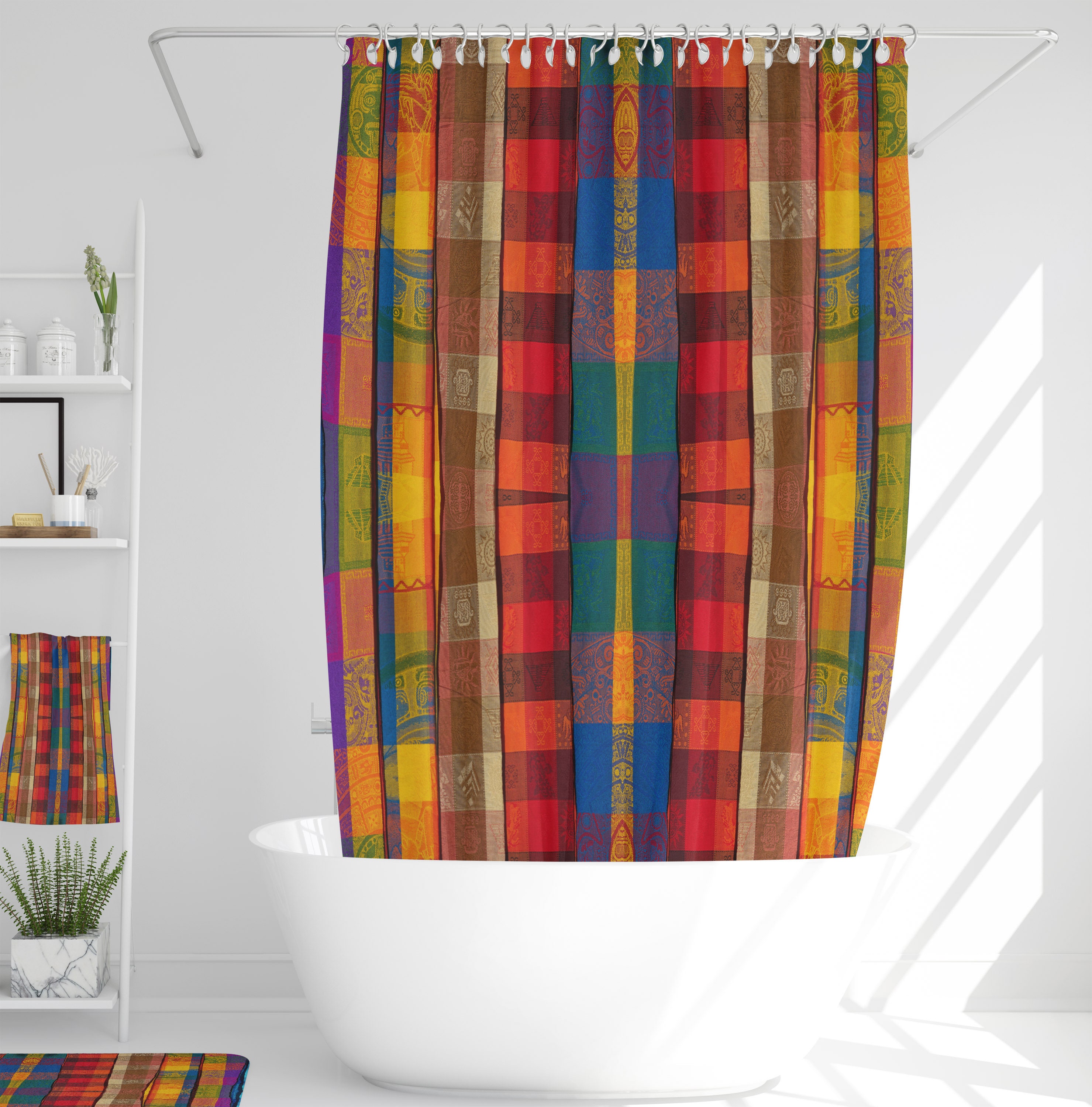 Boho Plaid Bathroom Decor Shower Curtains with Optional Towels and Bath Mat